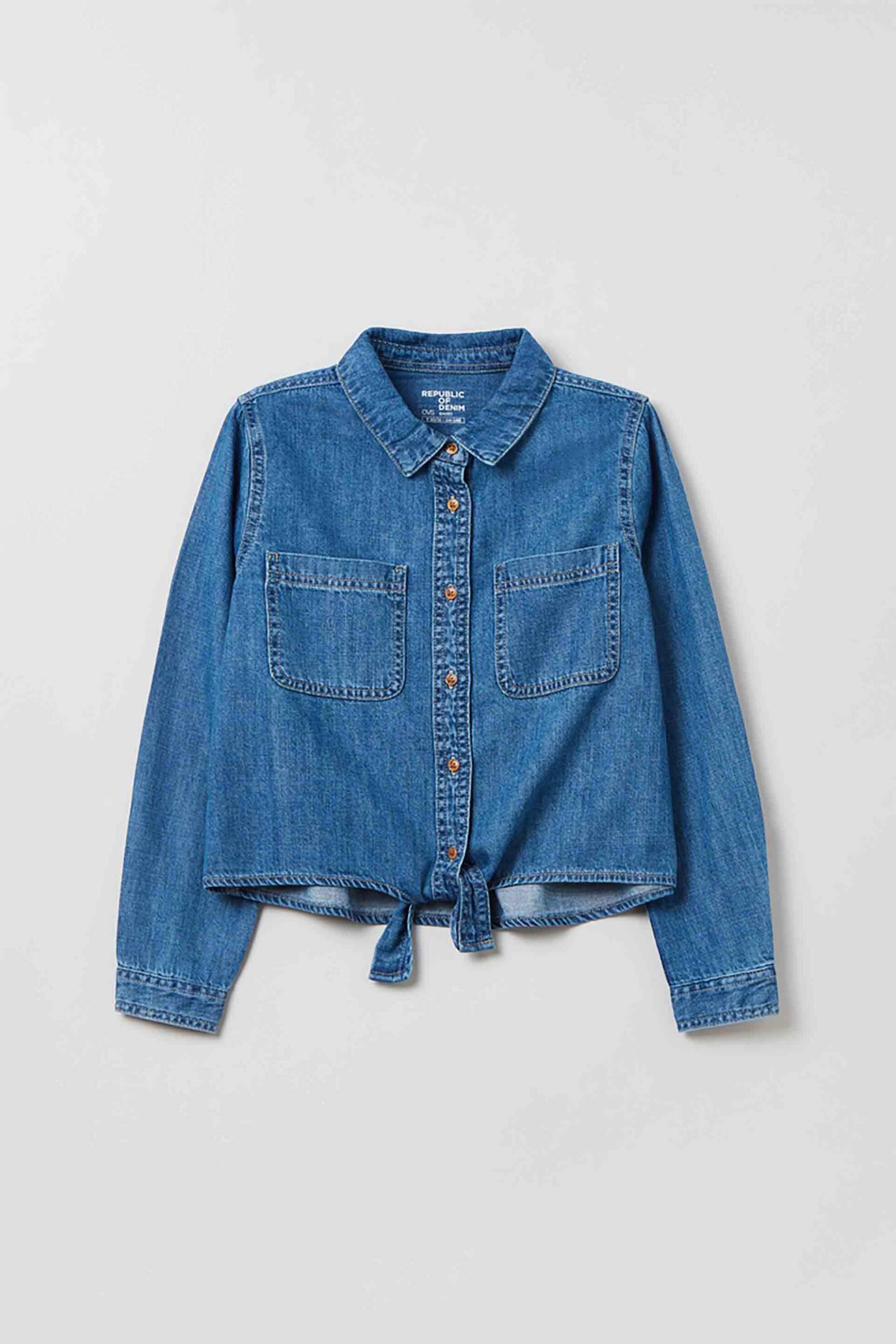 OVS παιδικό πουκάμισο denim με δέσιμο μπροστά και απλικέ τσέπες στο στήθος (10-15 ετών) - 001698941 Denim Blue