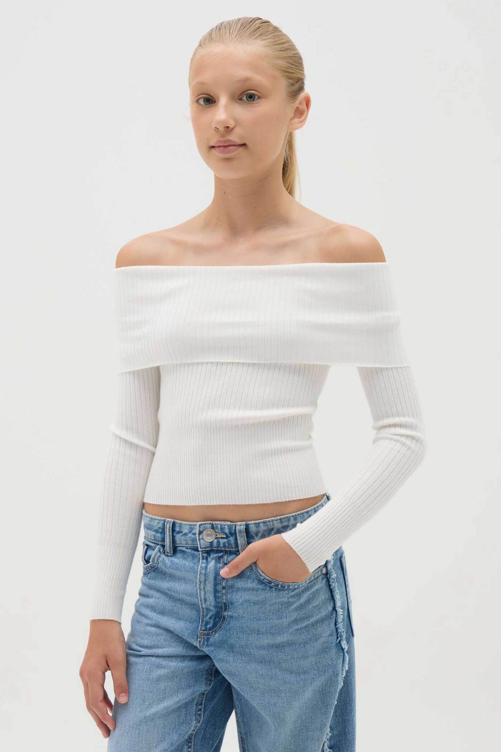 OVS KIDS OVS παιδική μπλούζα με Carmen λαιμόκοψη μονόχρωμη - 002443992 Λευκό