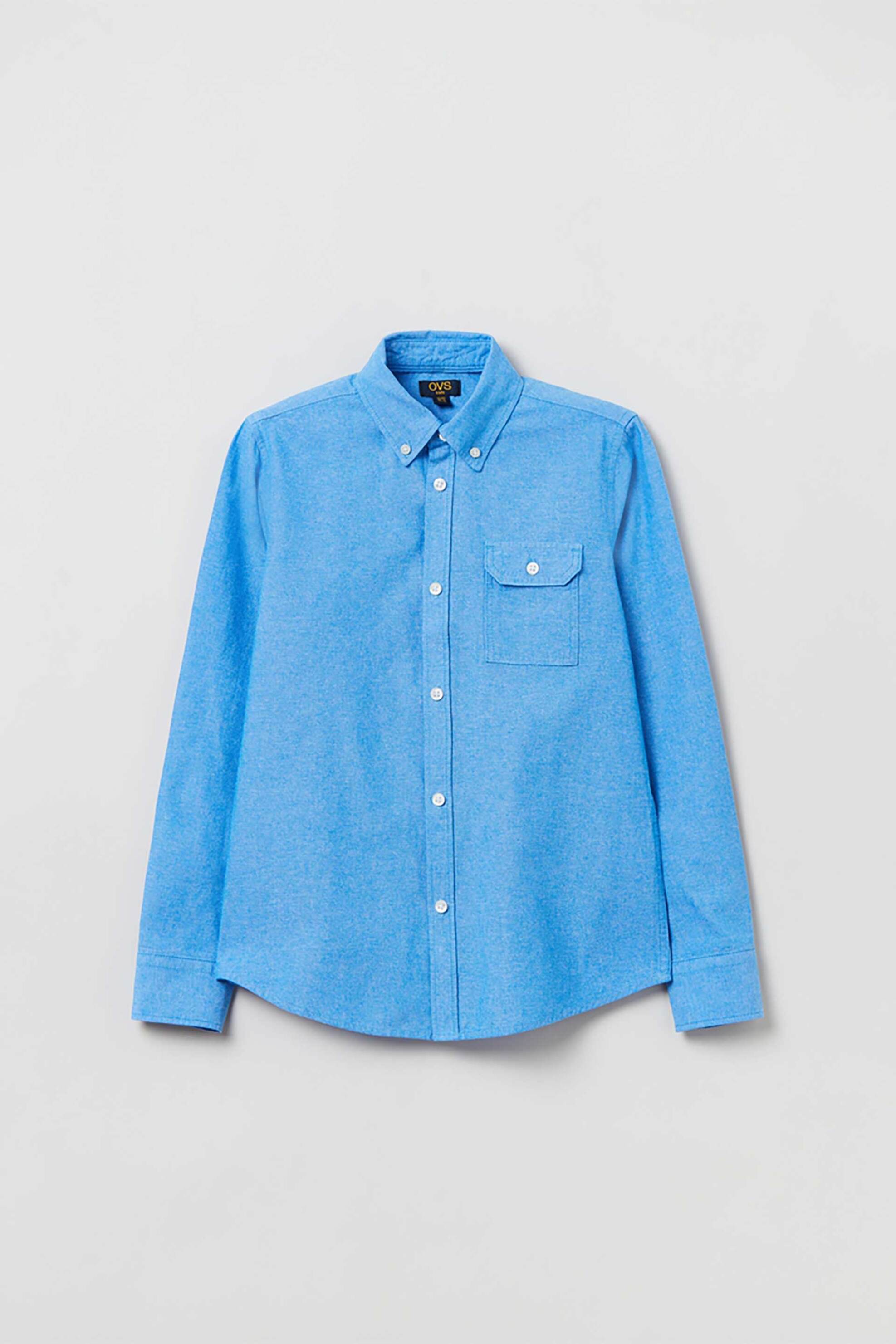 OVS παιδικό πουκάμισο button-down μονόχρωμο με flap τσέπη στο στήθος (10-15 ετών) - 001704658 Μπλε Αζούρ