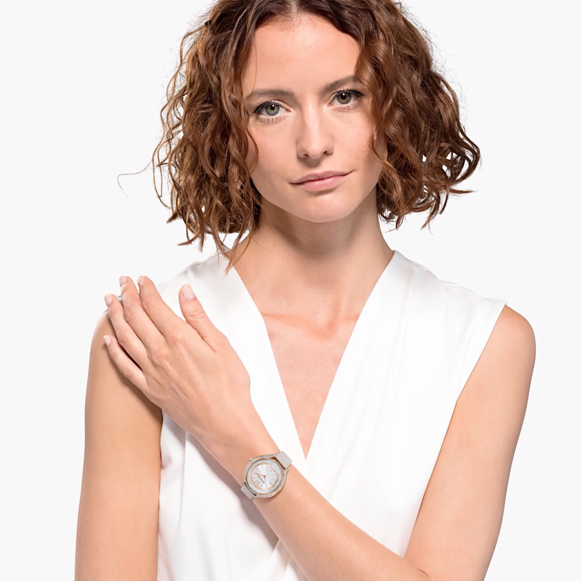 Swarovski Crystalline Aura Watch, Leather strap, Gray, Rose-gold tone PVD - 5519450 φωτογραφία