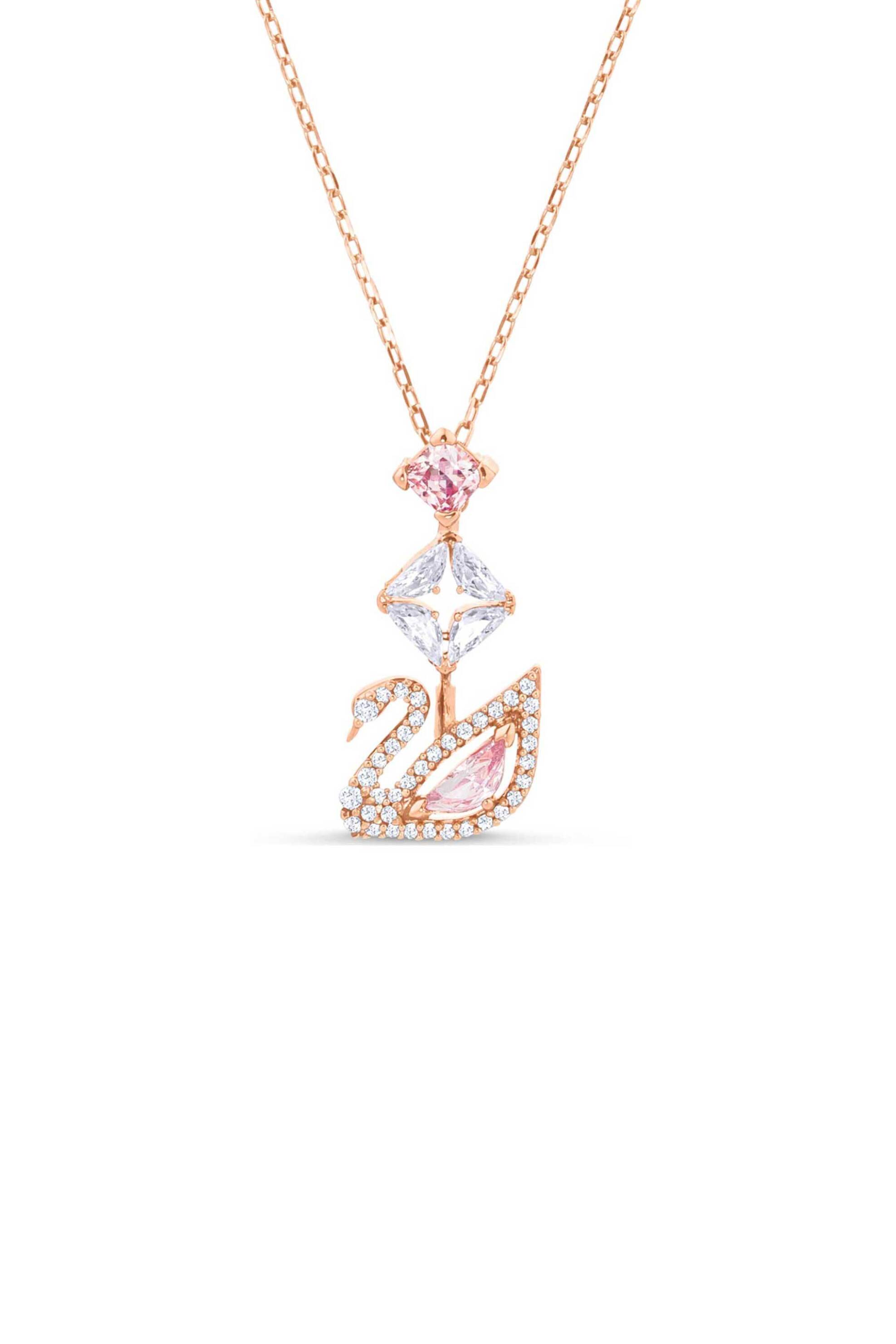 Swarovski γυναικείο κολιέ σε σχήμα Υ κύκνος, ροζ, επιμετάλλωση σε ροζ χρυσαφί τόνο "Swan" - 5473024