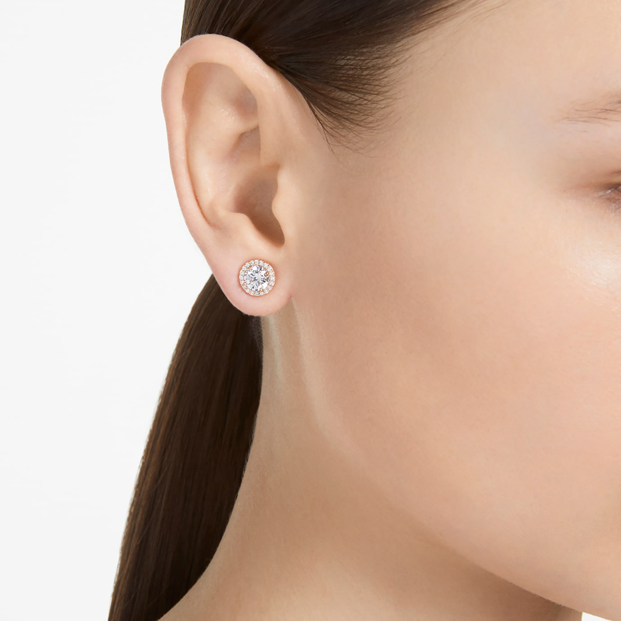 Swarovski unisex σκουλαρίκια με καρφάκι στρογγυλή κοπή, pavé, λευκά, επιμετάλλωση σε ροζ χρυσαφί τόνο 