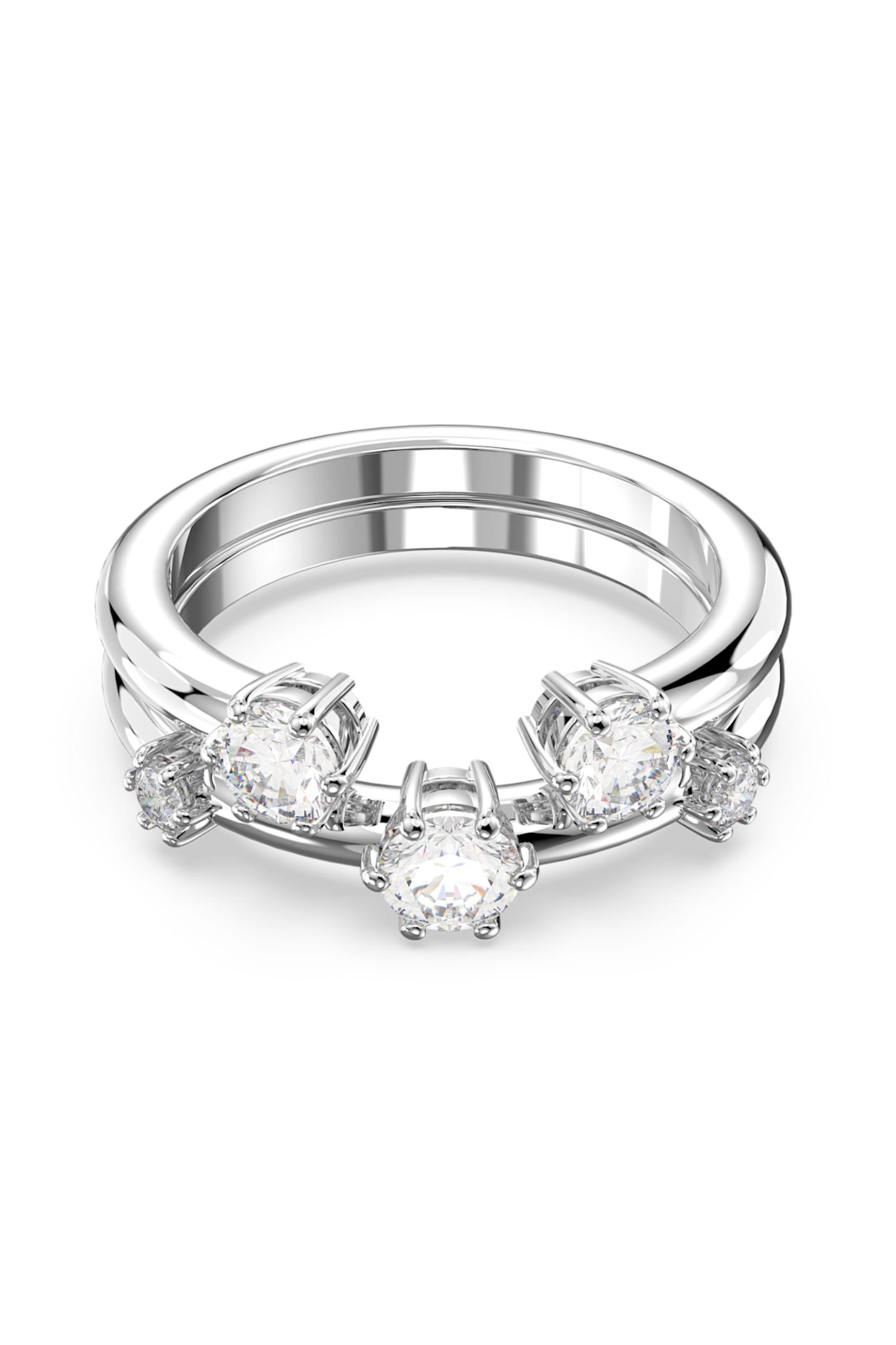 Swarovski δαχτυλίδι σετ, στρογγυλή κοπή, λευκό, επιμετάλλωση ροδίου "Constella" (2 τεμάχια) - 5640963