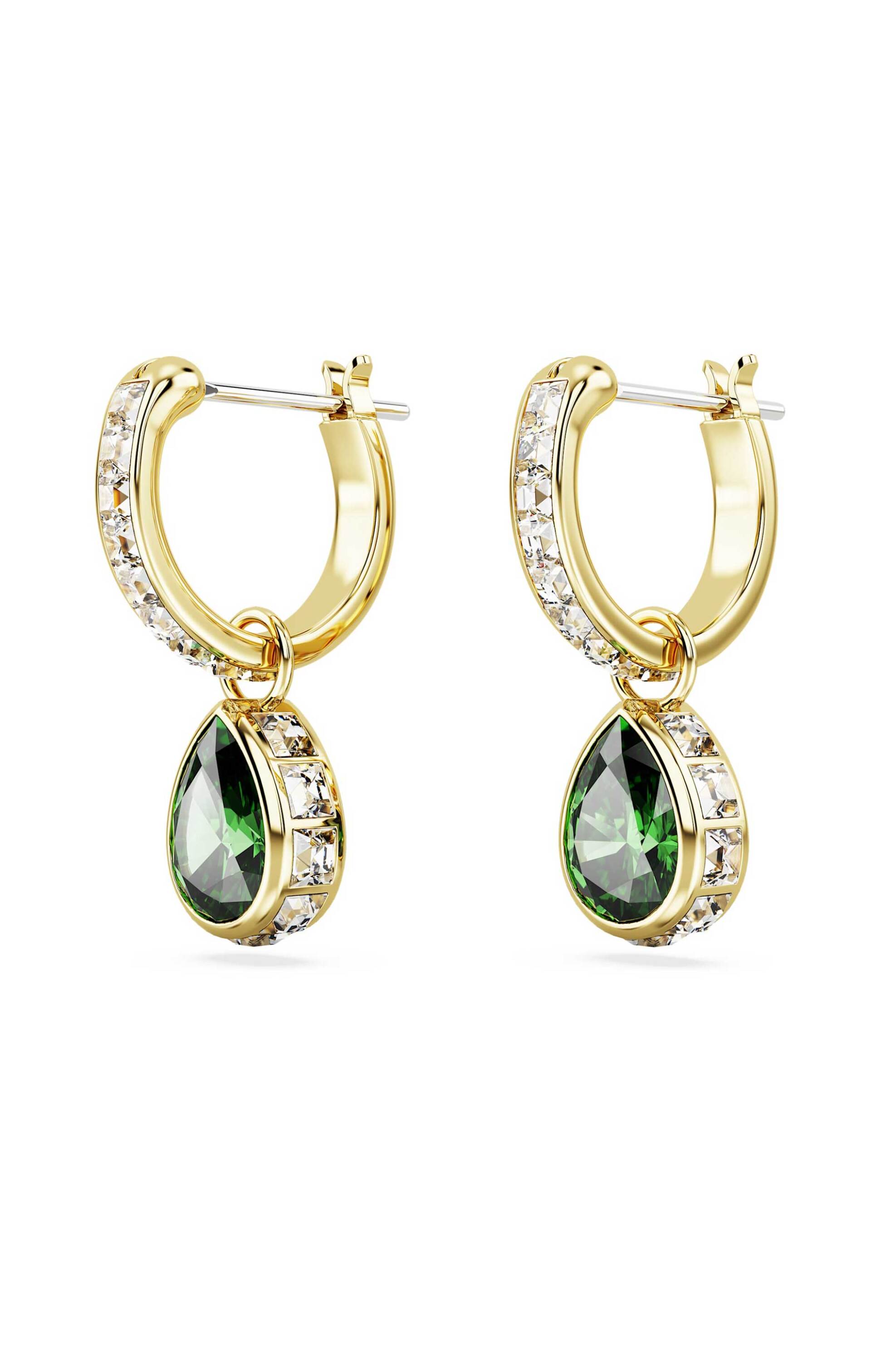 Swarovski γυναικεία σκουλαρίκια-σταγόνα κοπή pear, πράσινα, επιμετάλλωση σε χρυσαφί τόνο 
