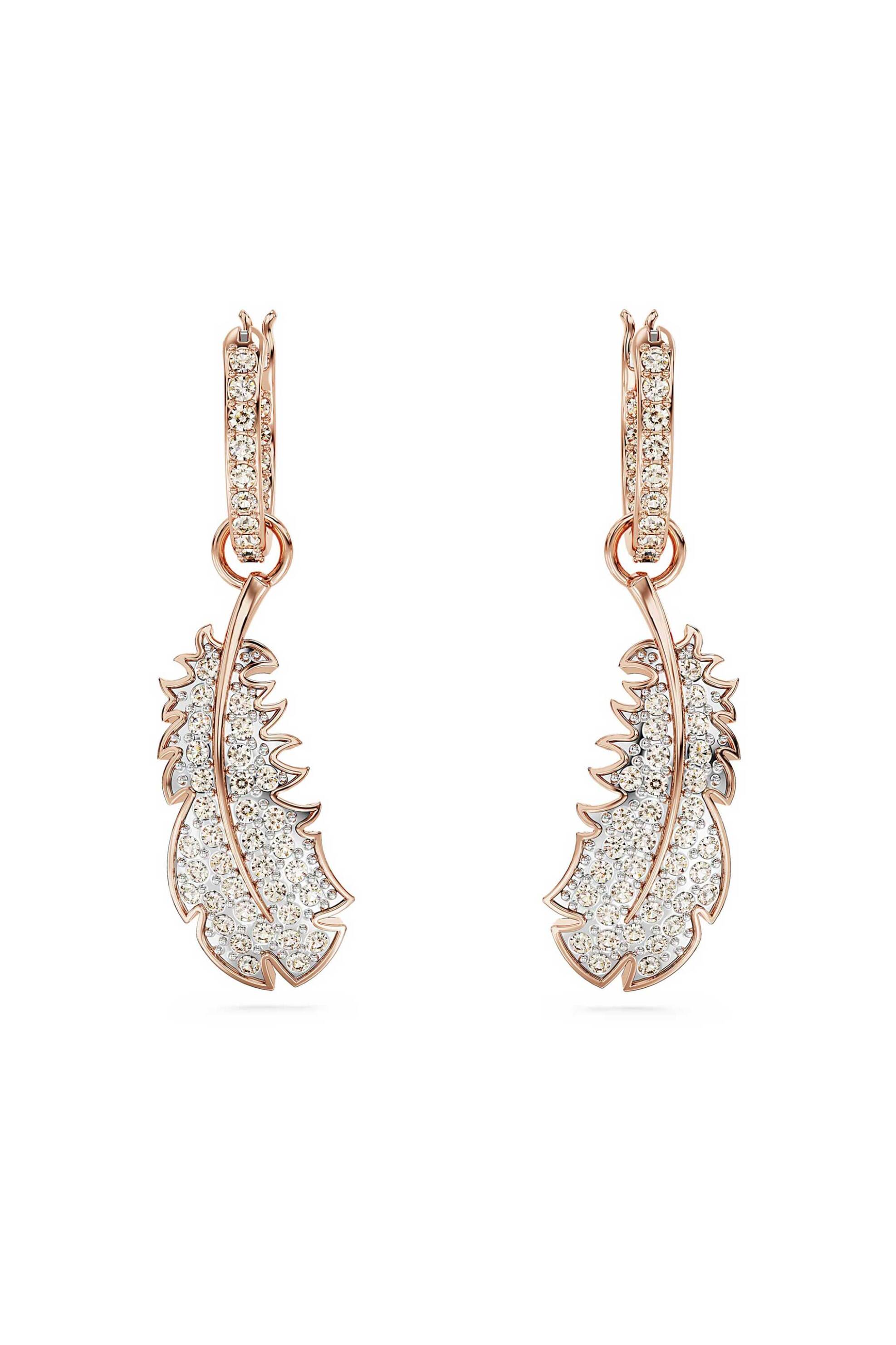 Swarovski γυναικεία σκουλαρίκια-σταγόνα φτερό, λευκά, επιμετάλλωση σε ροζ χρυσαφί τόνο "Idyllia" - 5663486