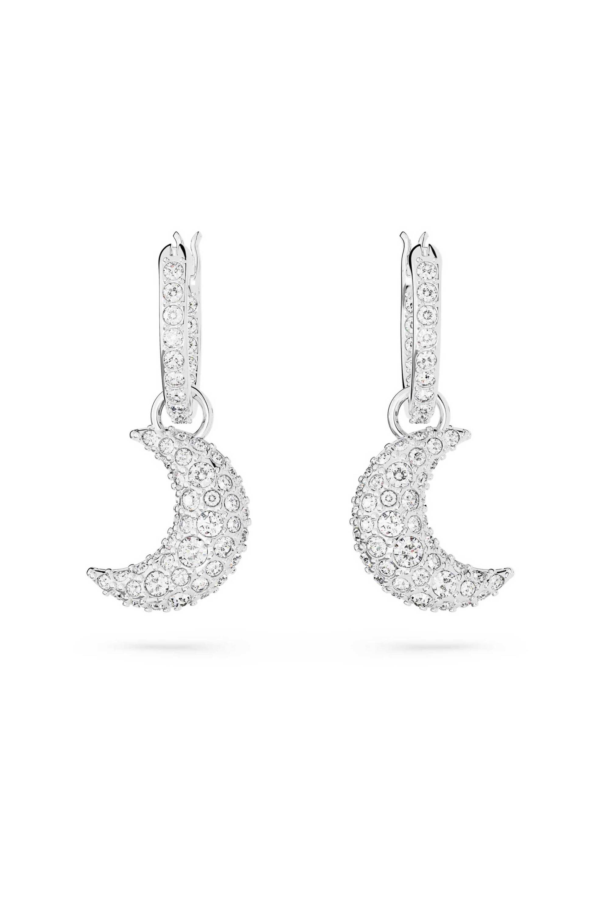 Swarovski γυναικεία σκουλαρίκια-σταγόνα φεγγάρι, λευκά, επιμετάλλωση ροδίου "Sublima" - 5666157