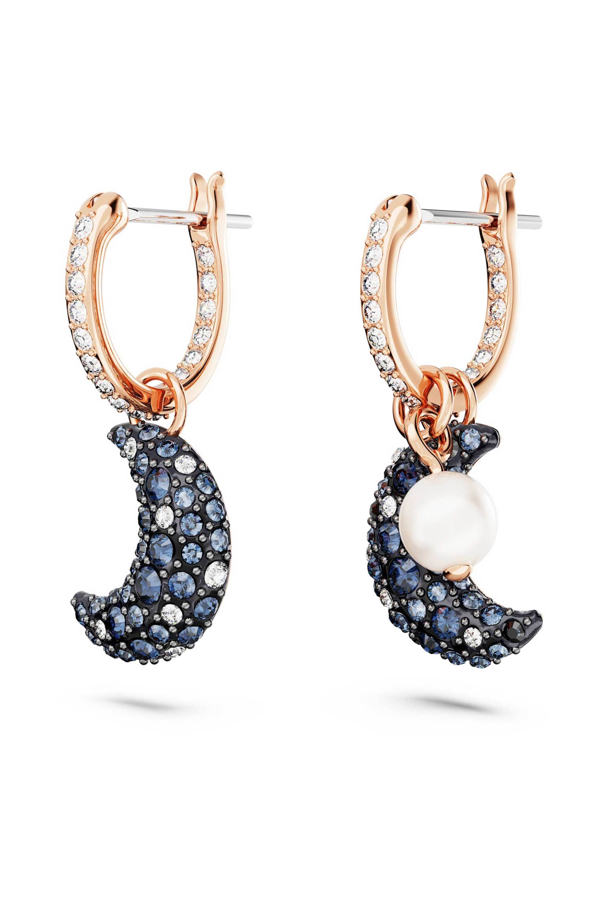 Swarovski γυναικεία σκουλαρίκια-σταγόνα ασυμμετρικό σχέδιο, φεγγάρι, πολύχρωμα, επιμετάλλωση σε ροζ χρυσαφί τόνο "Sublima" - 5671569 φωτογραφία