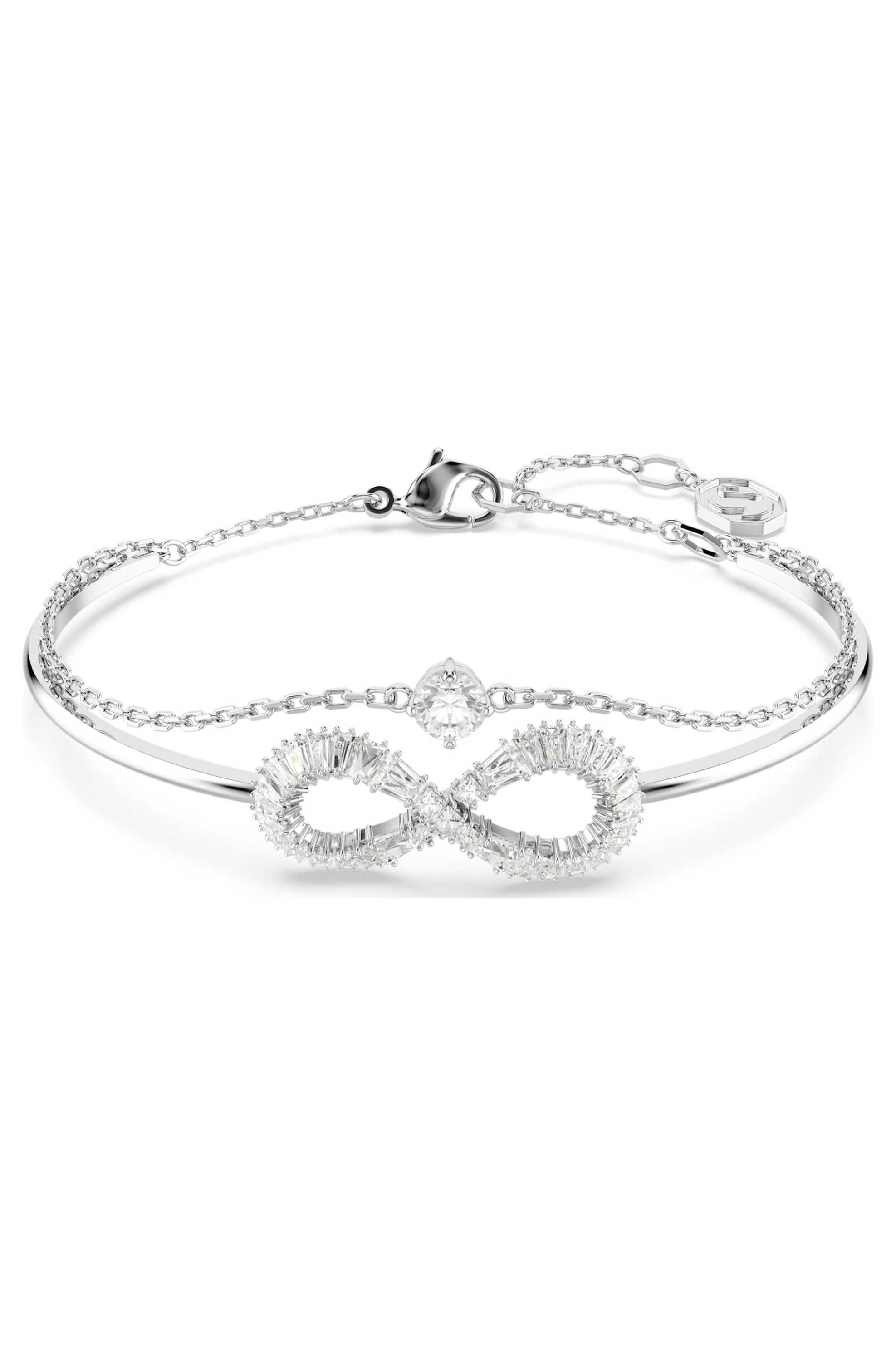 Swarovski γυναικείο άκαμπτο βραχιόλι άπειρο, λευκό, επιμετάλλωση ροδίου "Hyperbola" - 5684049