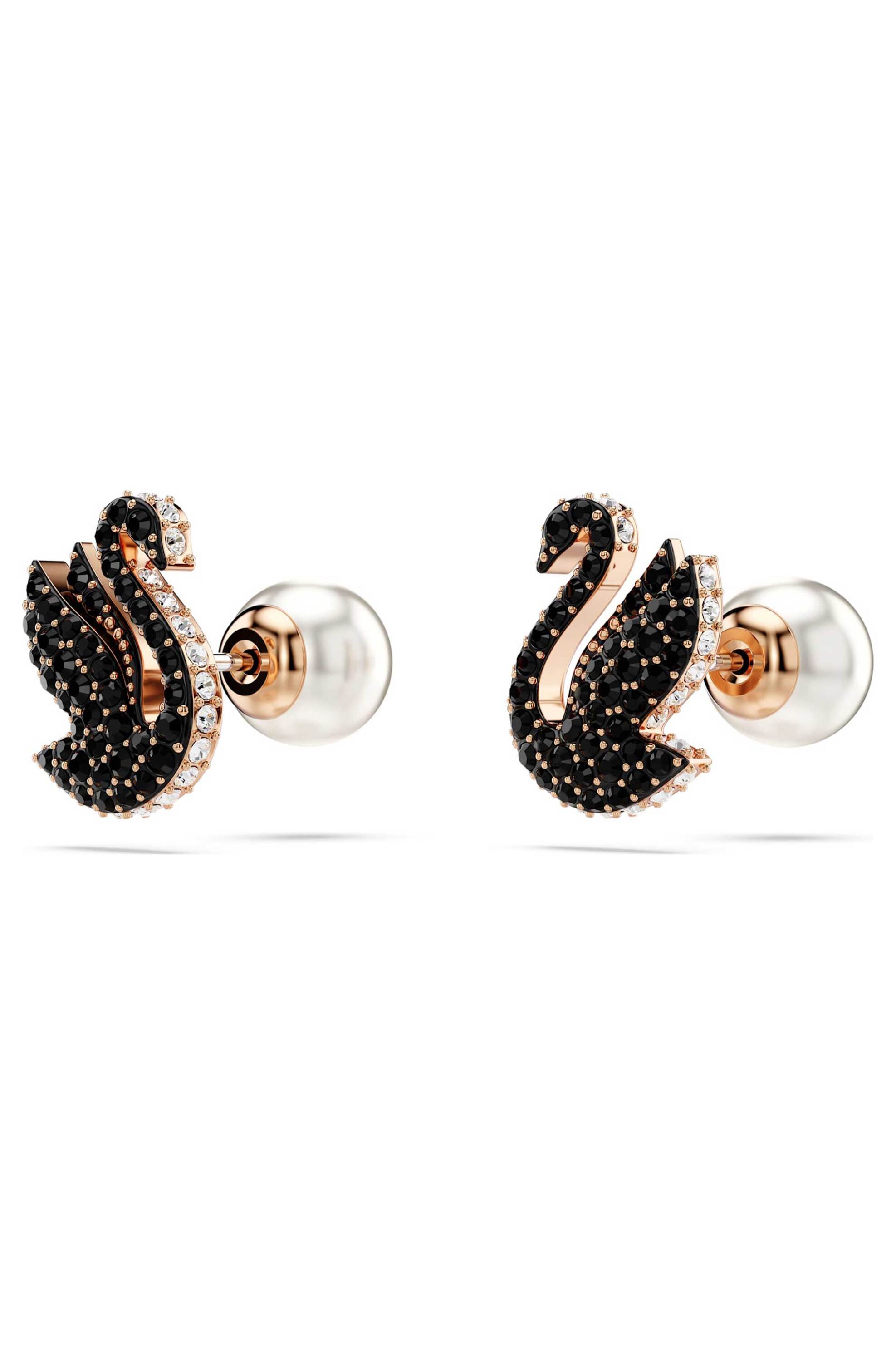 Swarovski γυναικεία σκουλαρίκια με καραφάκι κύκνος, μαύρα, επιμετάλλωση σε ροζ χρυσαφί τόνο "Swarovski Swan" - 5684608 φωτογραφία