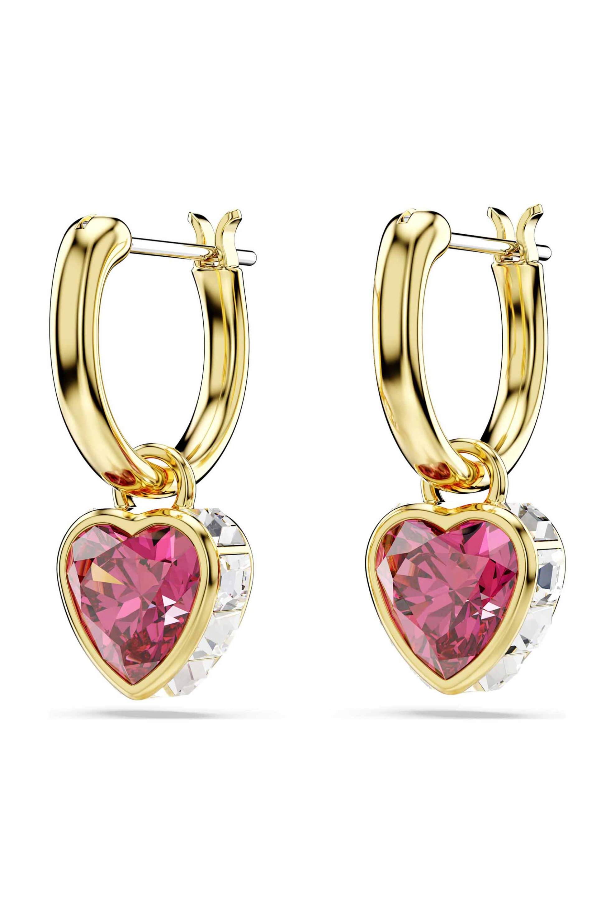 Swarovski γυναικεία σκουλαρίκια-σταγόνα καρδιά, κόκκινοι, επιμετάλλωση σε χρυσαφί τόνο 