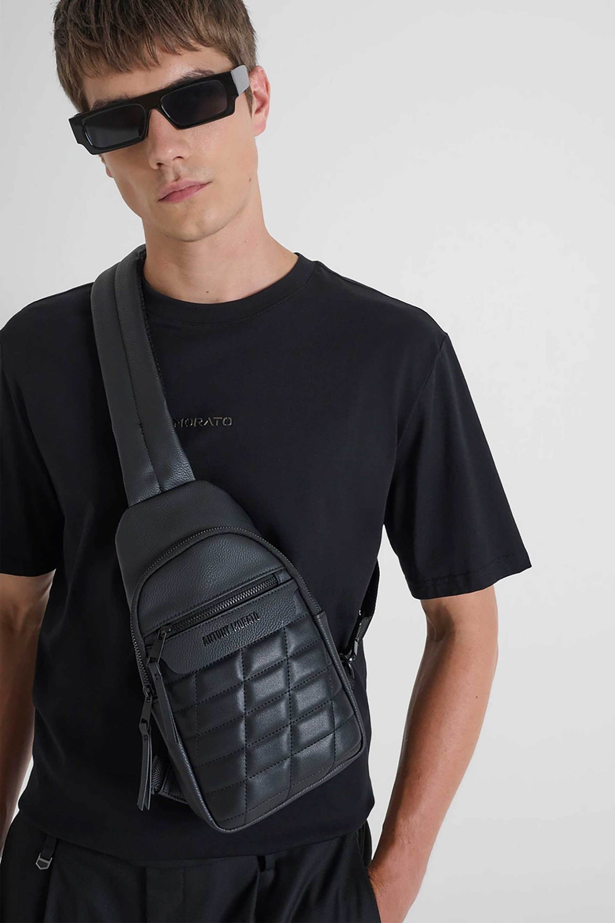 Antony Morato ανδρικό τσαντάκι backpack καπιτονέ με έναν ώμο από faux δέρμα - AB00455FA210086 Μαύρο