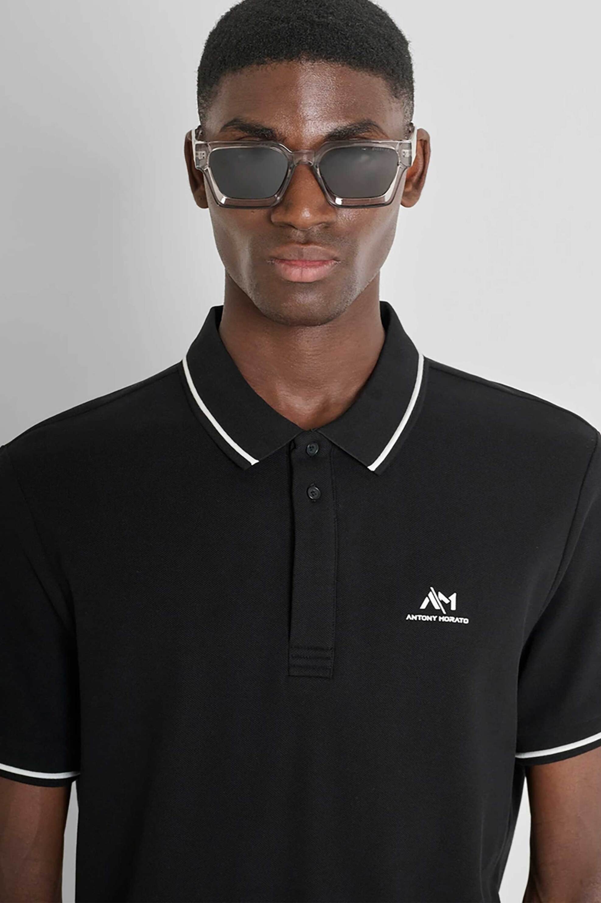 Antony Morato ανδρική μπλούζα πόλο πικέ με contrast λεπτομέρειες Regular Fit - KS02551FA100262 Μαύρο φωτογραφία