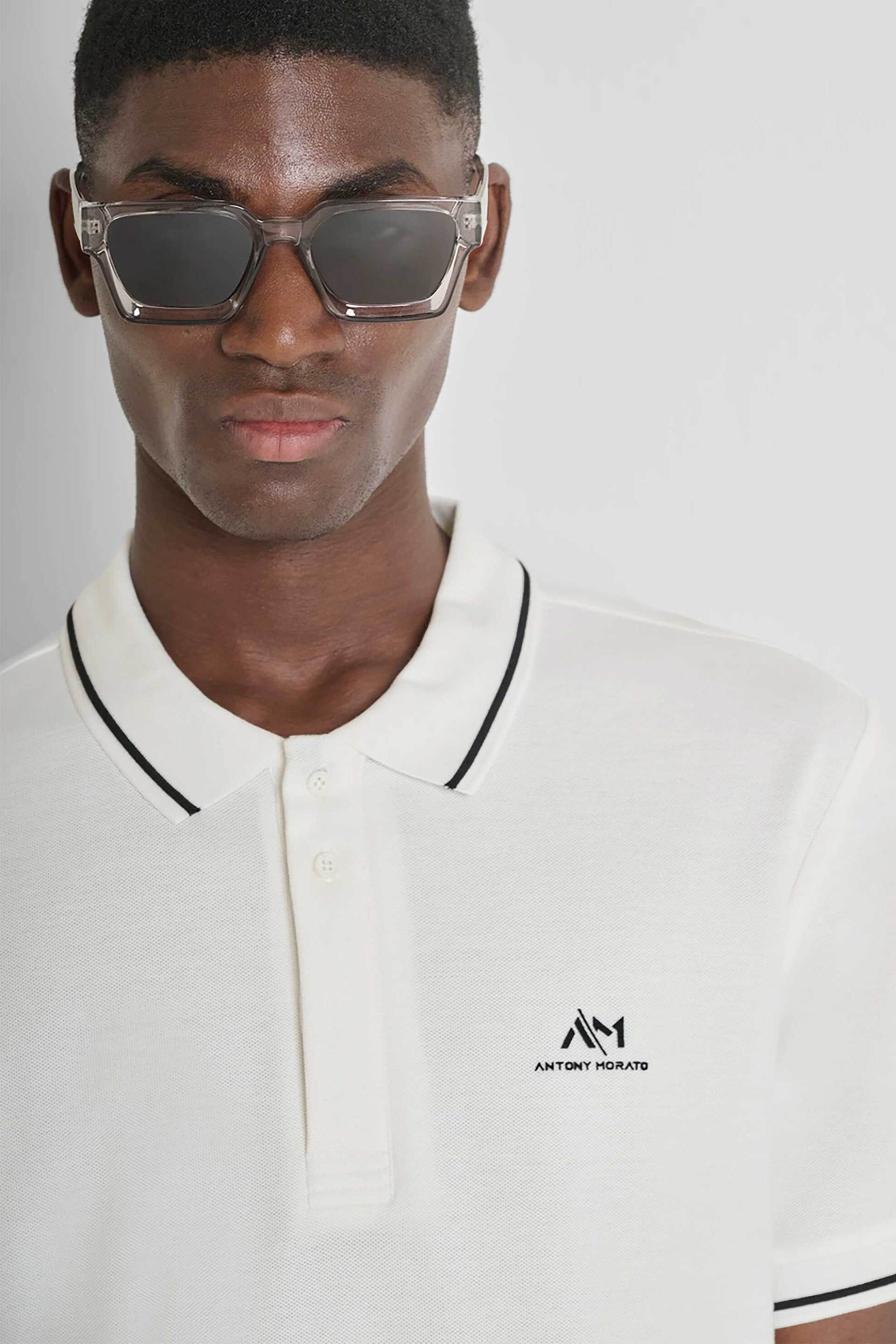 Antony Morato ανδρική μπλούζα πόλο πικέ με contrast λεπτομέρειες Regular Fit - KS02551FA100262 Εκρού φωτογραφία