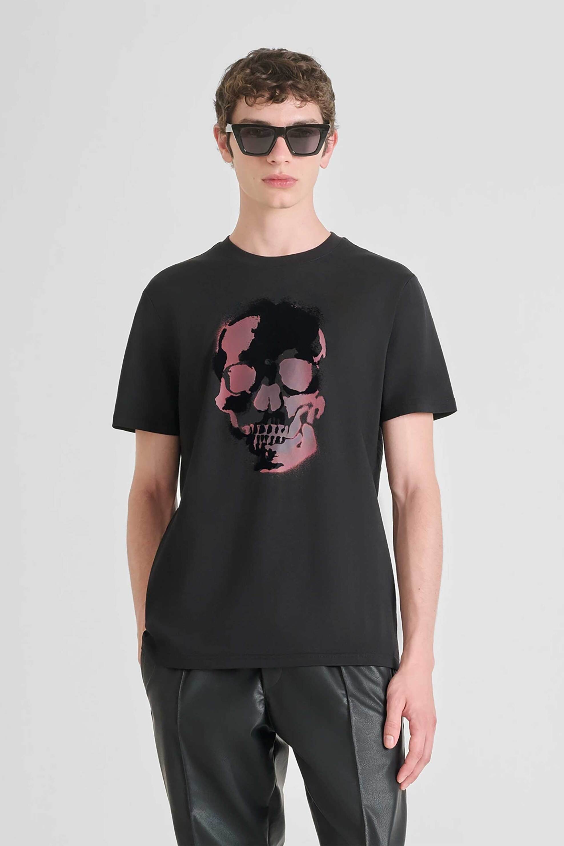 Antony Morato ανδρικό T-shirt με ανάγλυφο velvet skull print Regular Fit - KS02554FA100240 Μαύρο