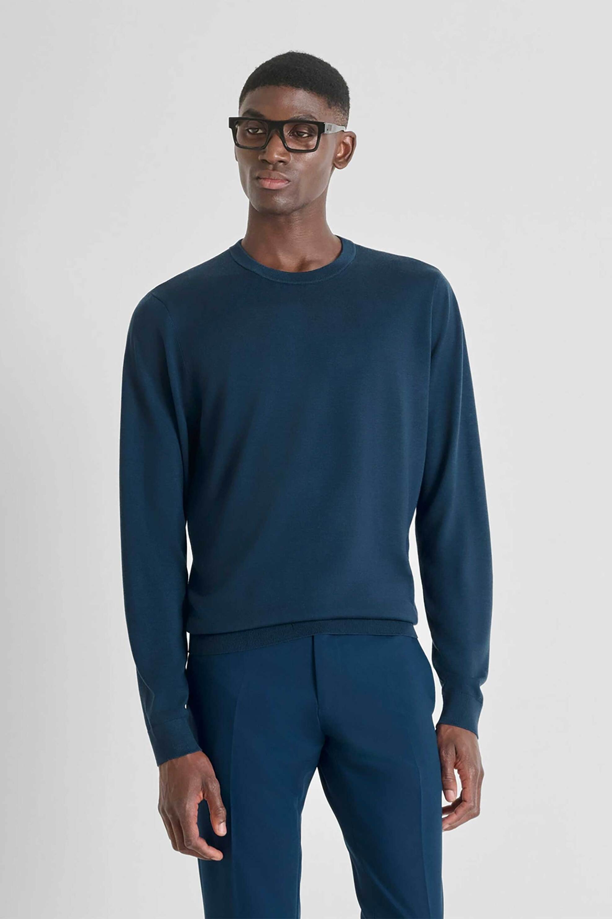 Antony Morato ανδρική πλεκτή μπλούζα μονόχρωμη Regular Fit - SW01537YA400145 Πετρόλ