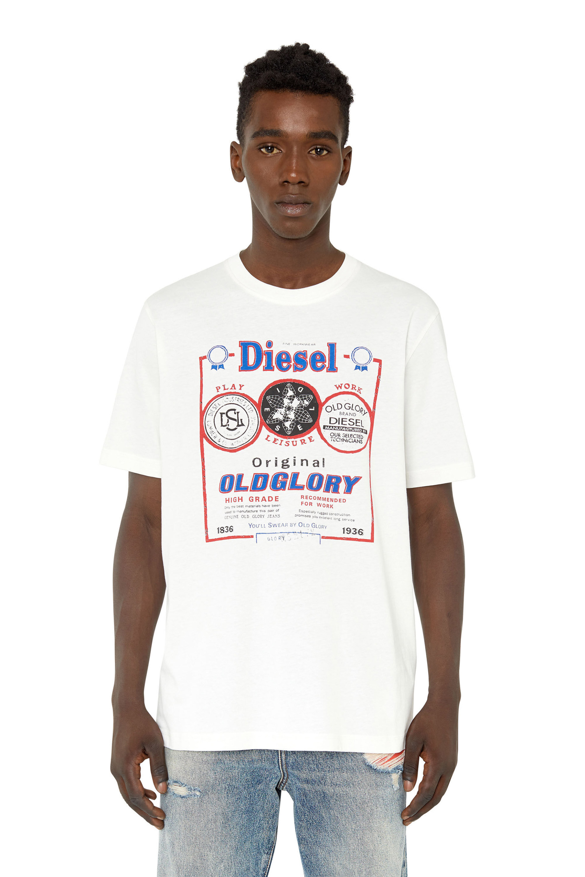 Άνδρας > ΡΟΥΧΑ > Μπλούζες > T-Shirts Diesel ανδρικό T-shirt με graphic logo print Regular Fit "T-Just-E36" - W22A068350CATM Λευκό