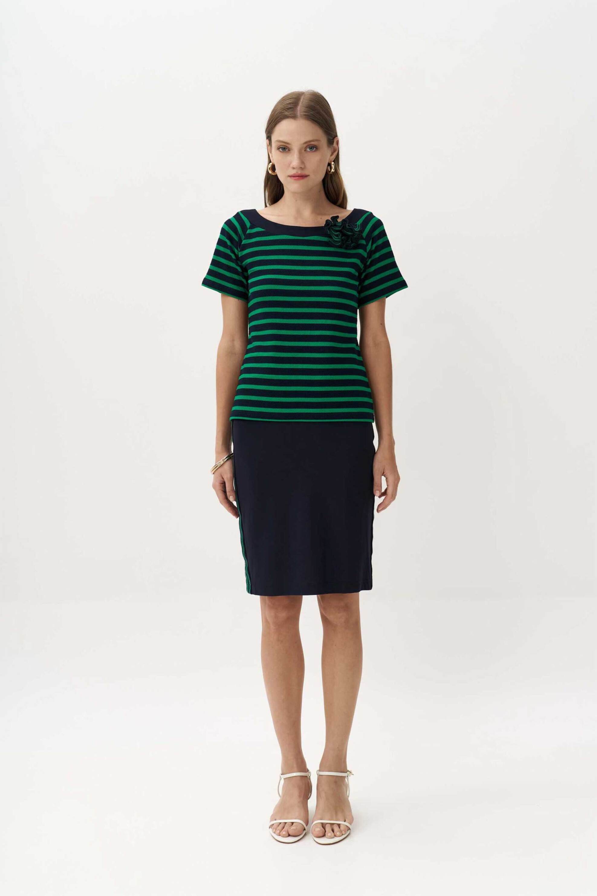 ALEXANDER & JACOB Alexander & Jacob γυναικείο Τ-shirt με ριγέ σχέδιο και μπουτονιέρα - 12949 Πράσινο - 2