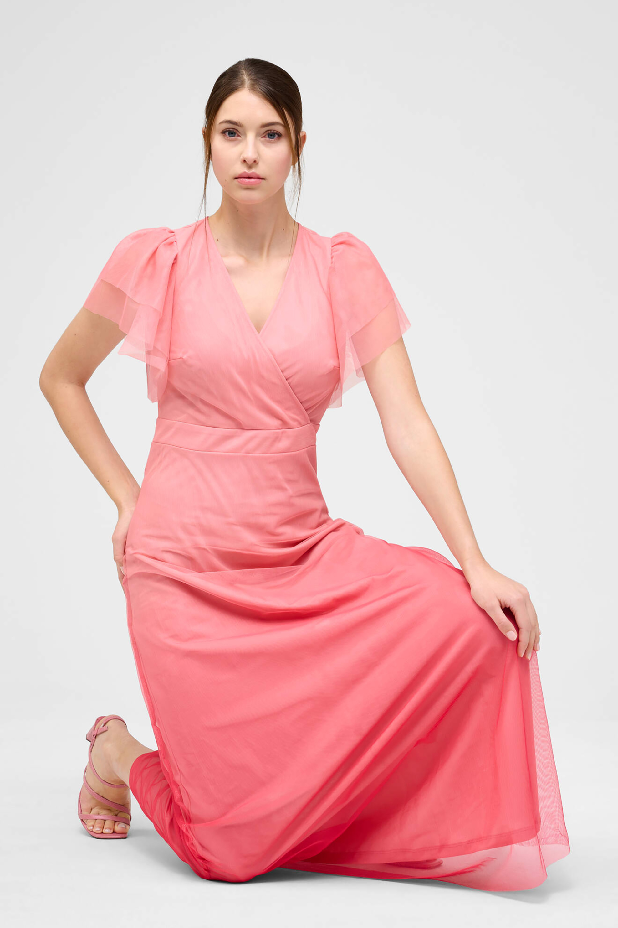 Orsay γυναικείo maxi φόρεμα κρουαζέ με puff μανίκια - 475024-211000 Κοραλί φωτογραφία