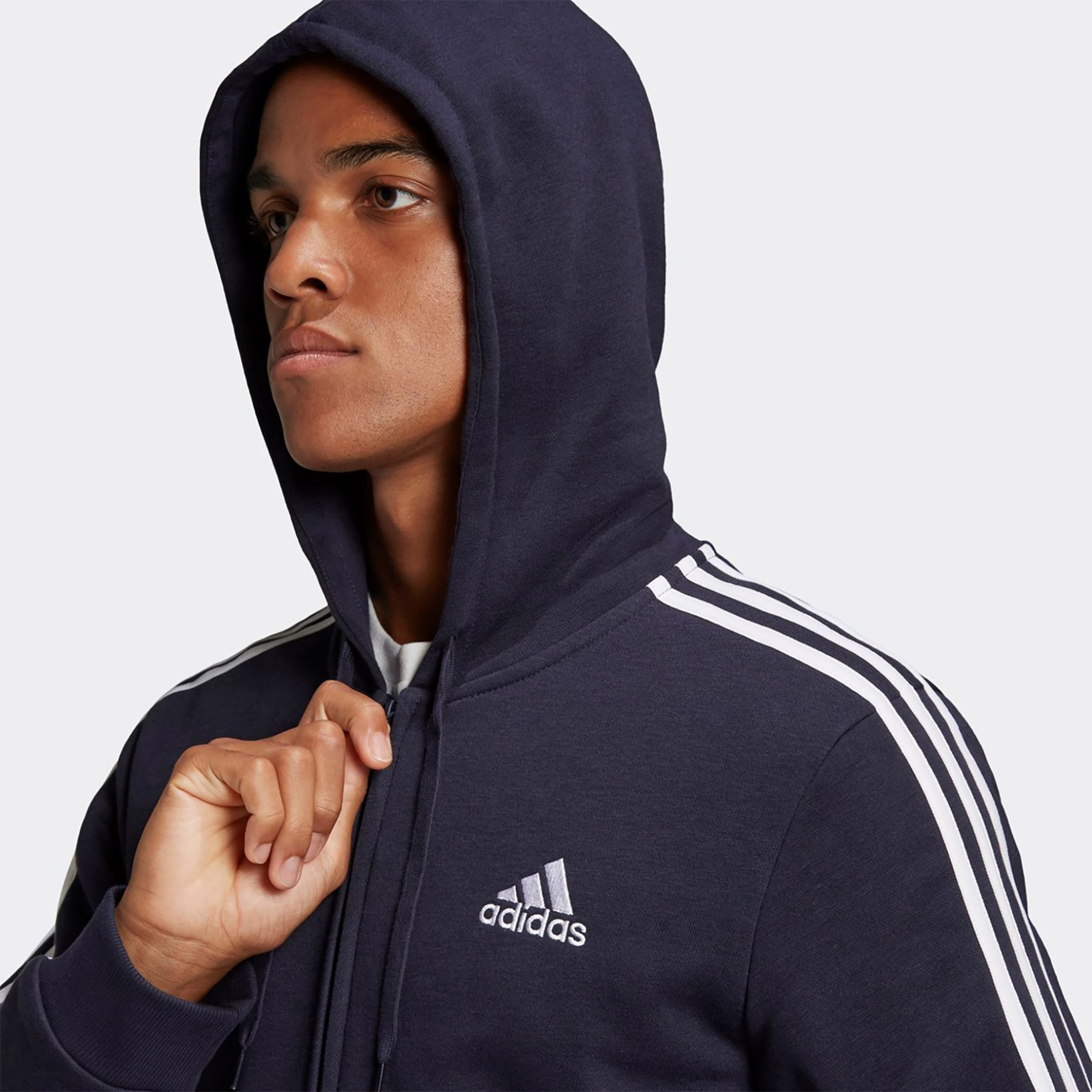 Adidas ανδρική ζακέτα φούτερ με λογότυπο στο στήθος και κουκούλα "Essentials Fleece 3 Stripes Full Zip " - GK9053 Μπλε Σκούρο φωτογραφία
