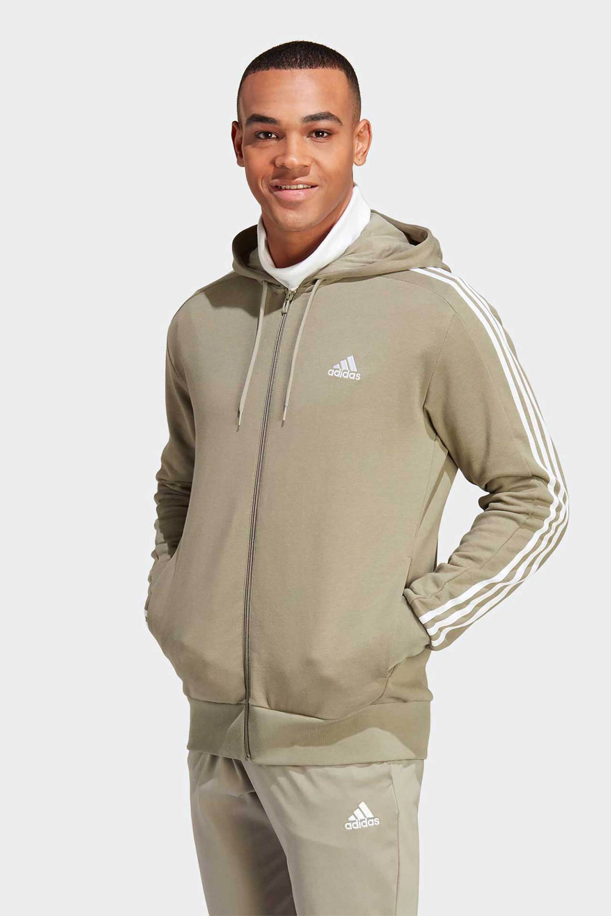 ADIDAS Adidas ανδρική ζακέτα φούτερ με λογότυπο στο στήθος και κουκούλα "Essentials Fleece 3 Stripes Full Zip " - IC9840 Μπεζ