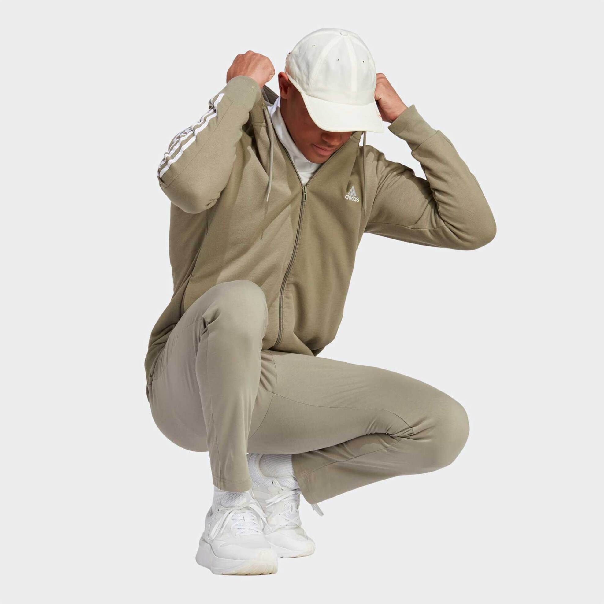 Adidas ανδρική ζακέτα φούτερ με λογότυπο στο στήθος και κουκούλα "Essentials Fleece 3 Stripes Full Zip " - IC9840 Μπεζ φωτογραφία
