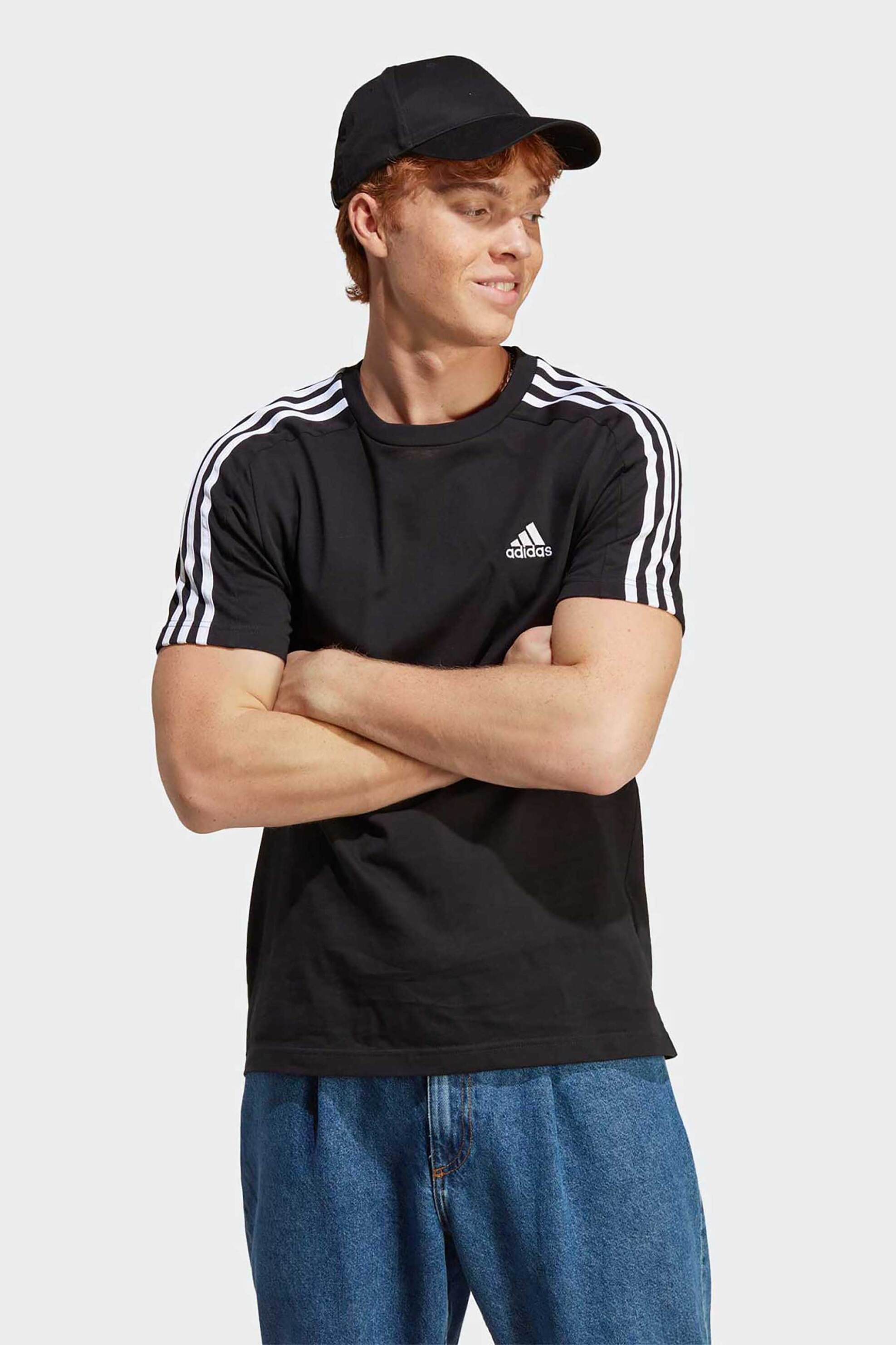 Ανδρική Μόδα > Ανδρικά Αθλητικά > Ανδρικά Αθλητικά Ρούχα > Αθλητικές Μπλούζες > Ανδρικά Αθλητικά T-Shirts Adidas ανδρικό αθλητικό T-shirt μονόχρωμο με contrast λογότυπο και ρίγες στους ώμους "Essentials Single Jersey 3-stripes" - IC9334 Μαύρο