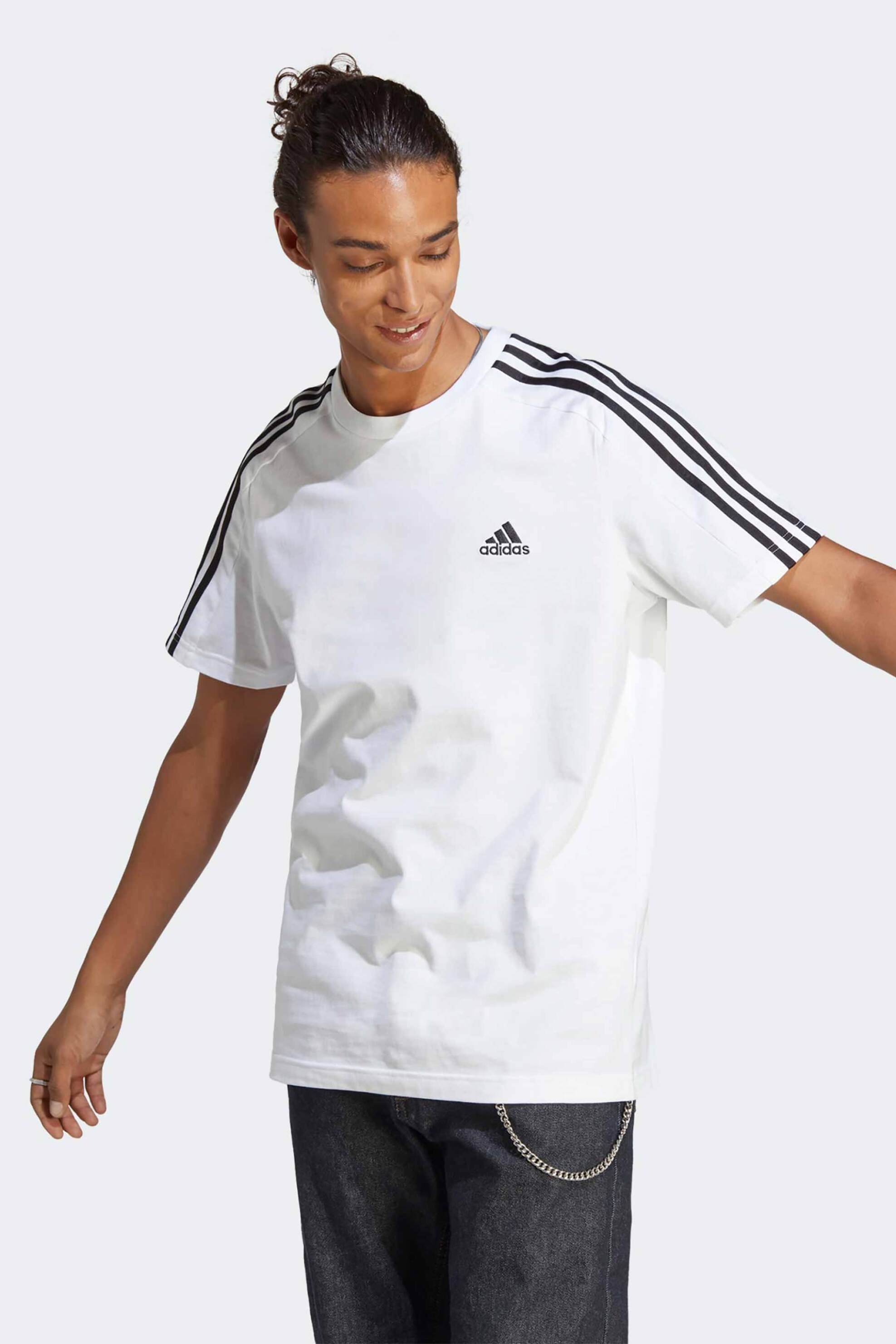 ADIDAS Adidas ανδρικό αθλητικό βαμβακερό T-shirt με trademark ρίγες στα μανίκια "Essentials" - IC9336 Λευκό
