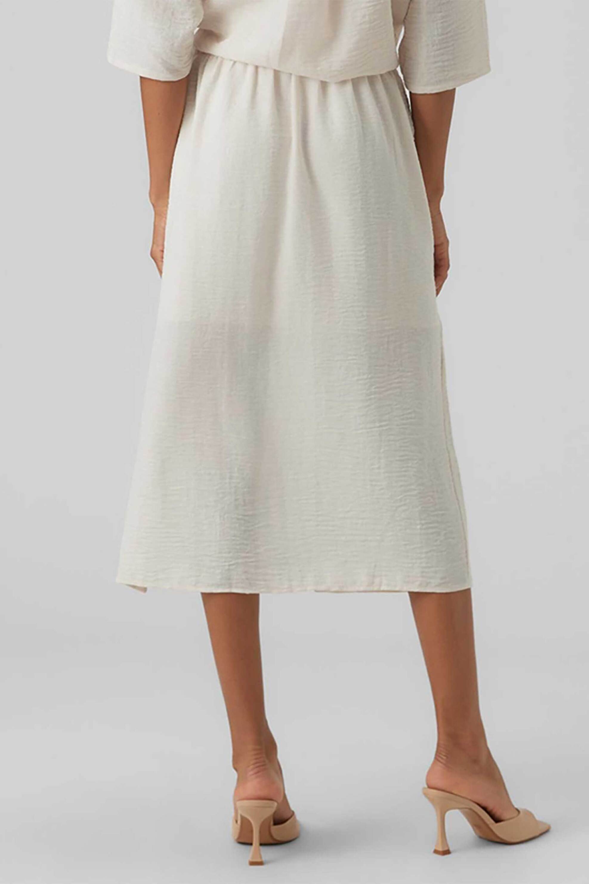 VERO MODA Vero Moda γυναικεία midi φούστα μονόχρωμη ψηλόμεση με κρουαζέ σχέδιο και δέσιμο στο πλάι - 10285597 Κρέμ - 3