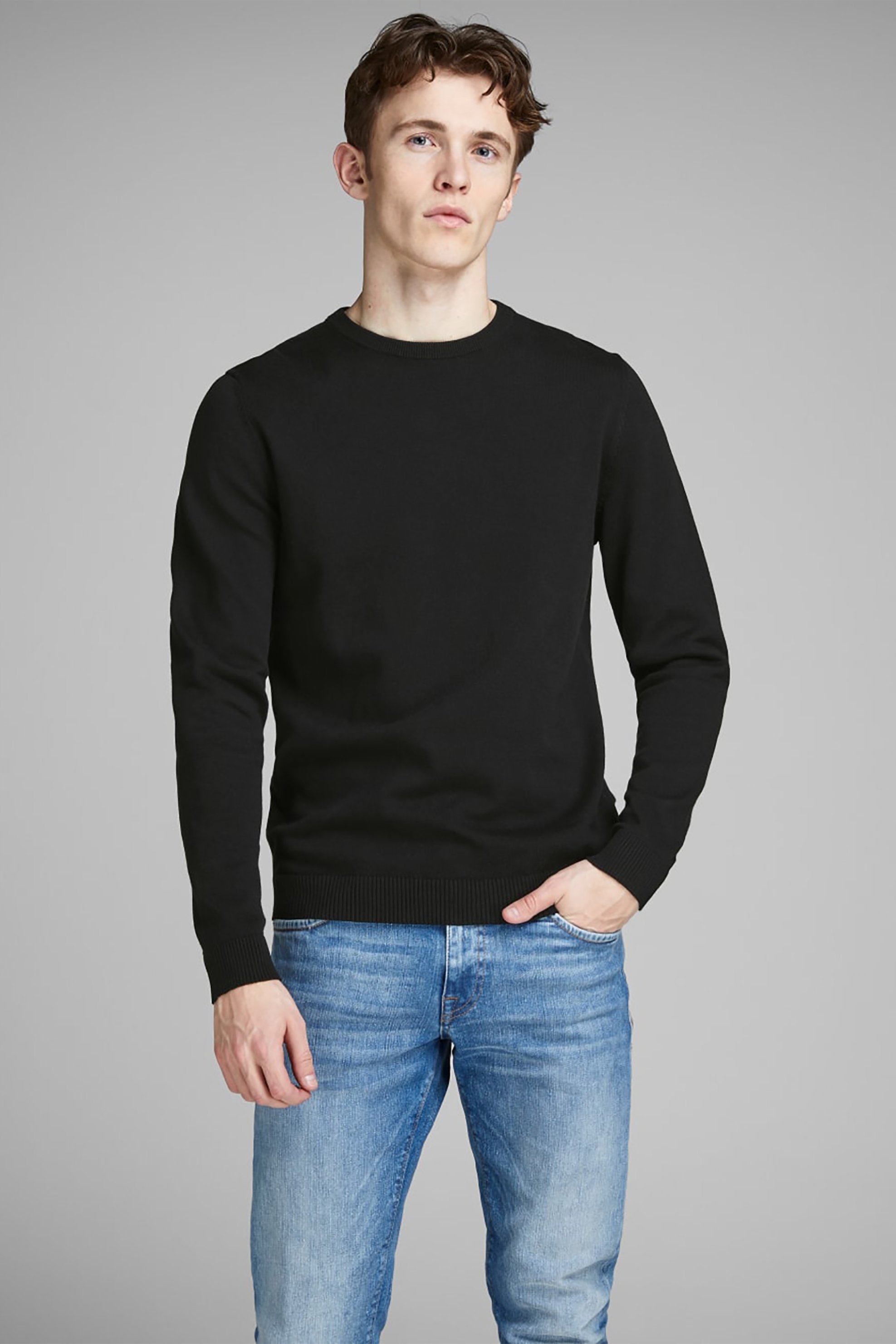 JACK & JONES ανδρική πλεκτή μπλούζα μονόχρωμη - 12137190 Μαύρο