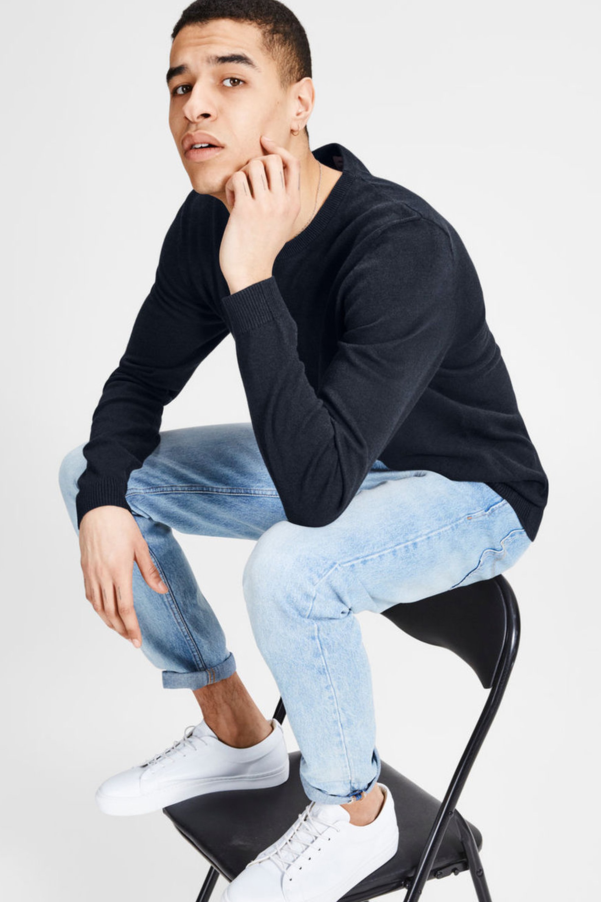 JACK & JONES ανδρική πλεκτή μπλούζα μονόχρωμη - 12137190 Μπλε Σκούρο