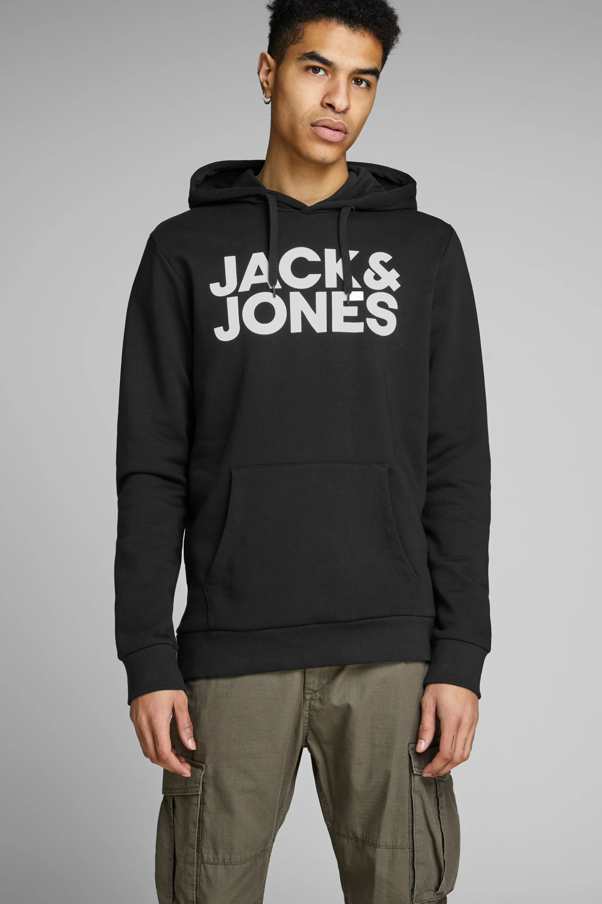 JACK & JONES ανδρική μπλούζα φούτερ με κουκούλα και logo print - 12152840 Μαύρο