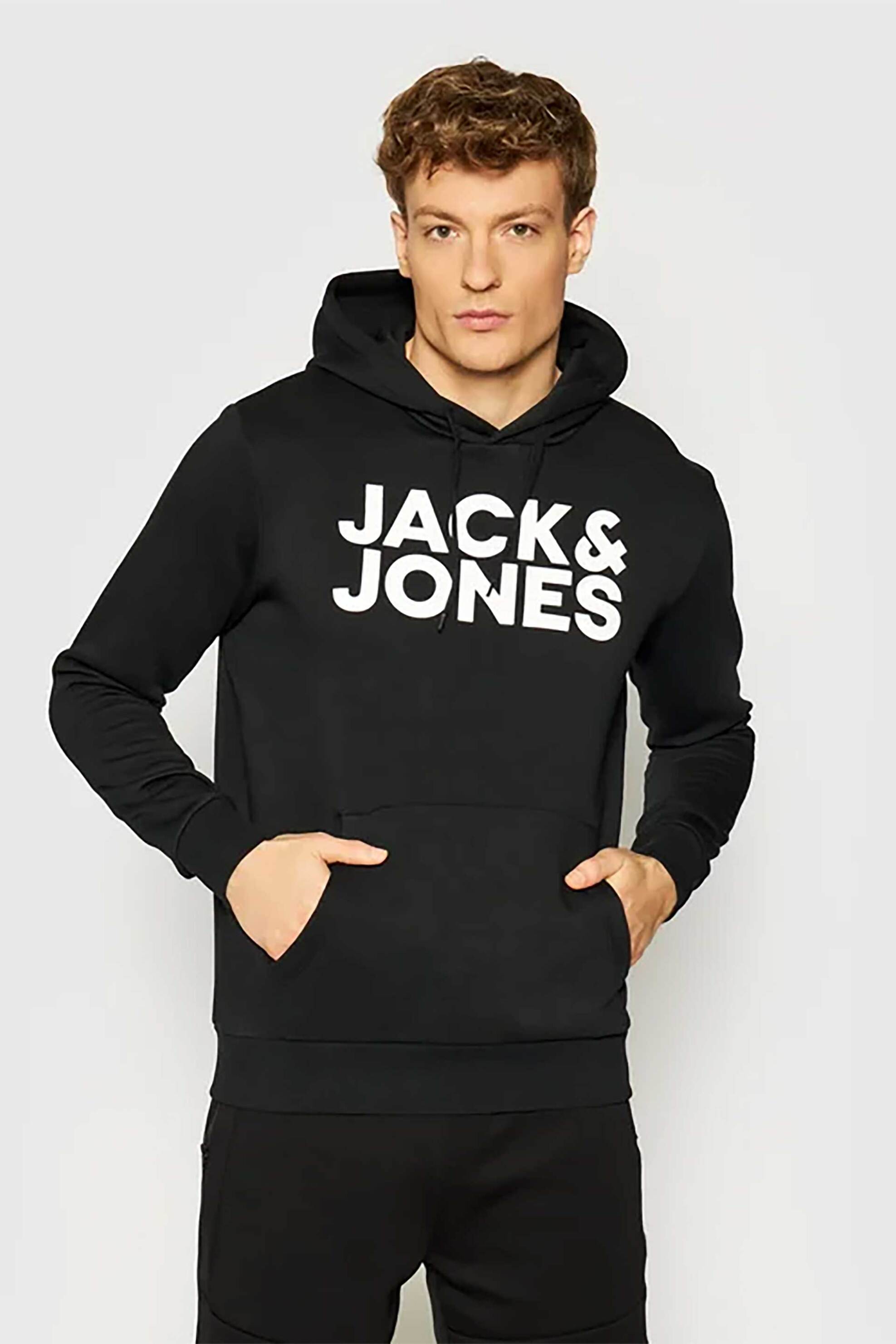 JACK & JONES ανδρική μπλούζα φούτερ με κουκούλα και logo print - 12152840 Μαύρο