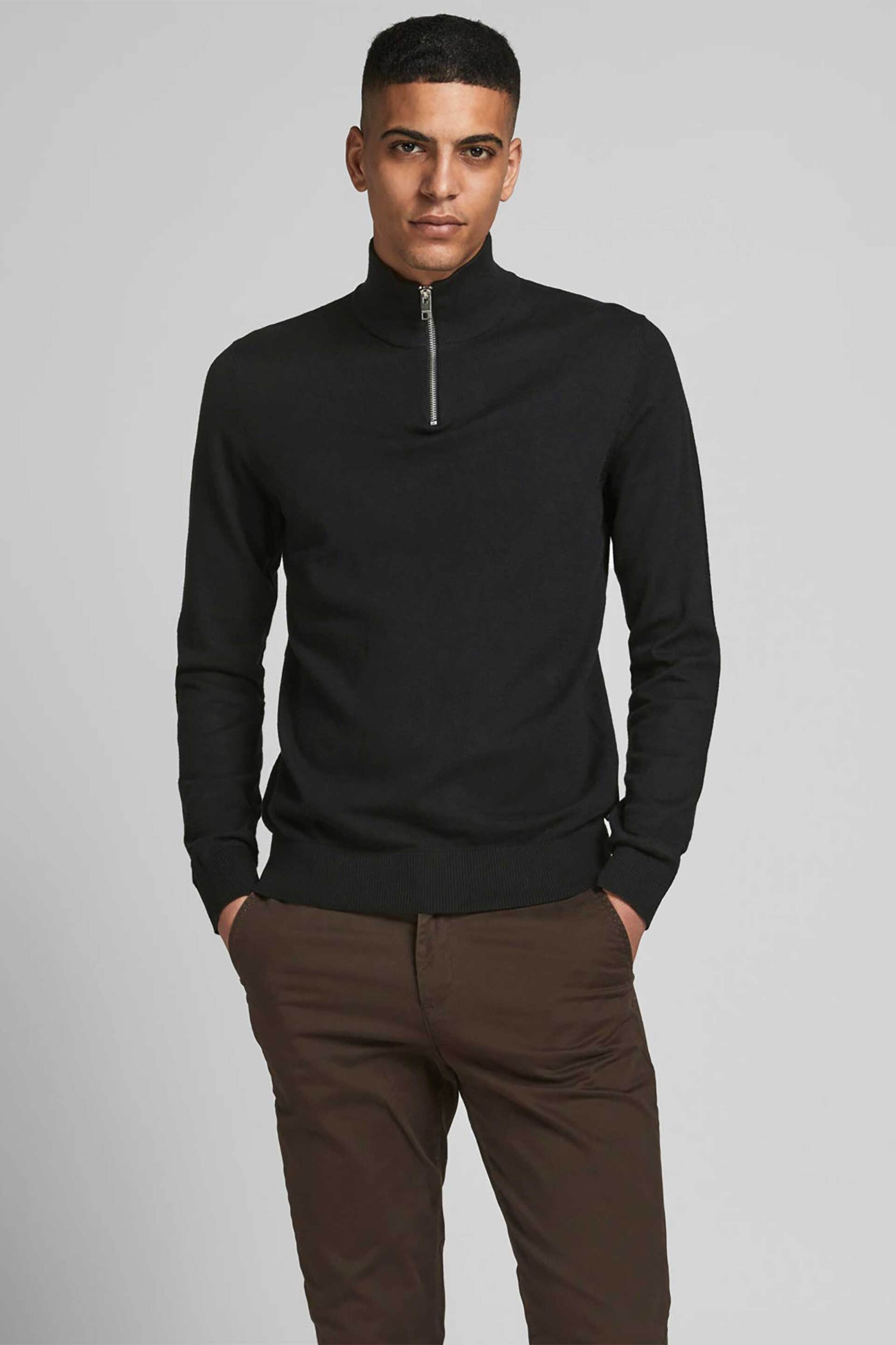 JACK & JONES ανδρικό πουλόβερ μονόχρωμο με ψηλό λαιμό και φερμουάρ 3/4 - 12189339 Μαύρο