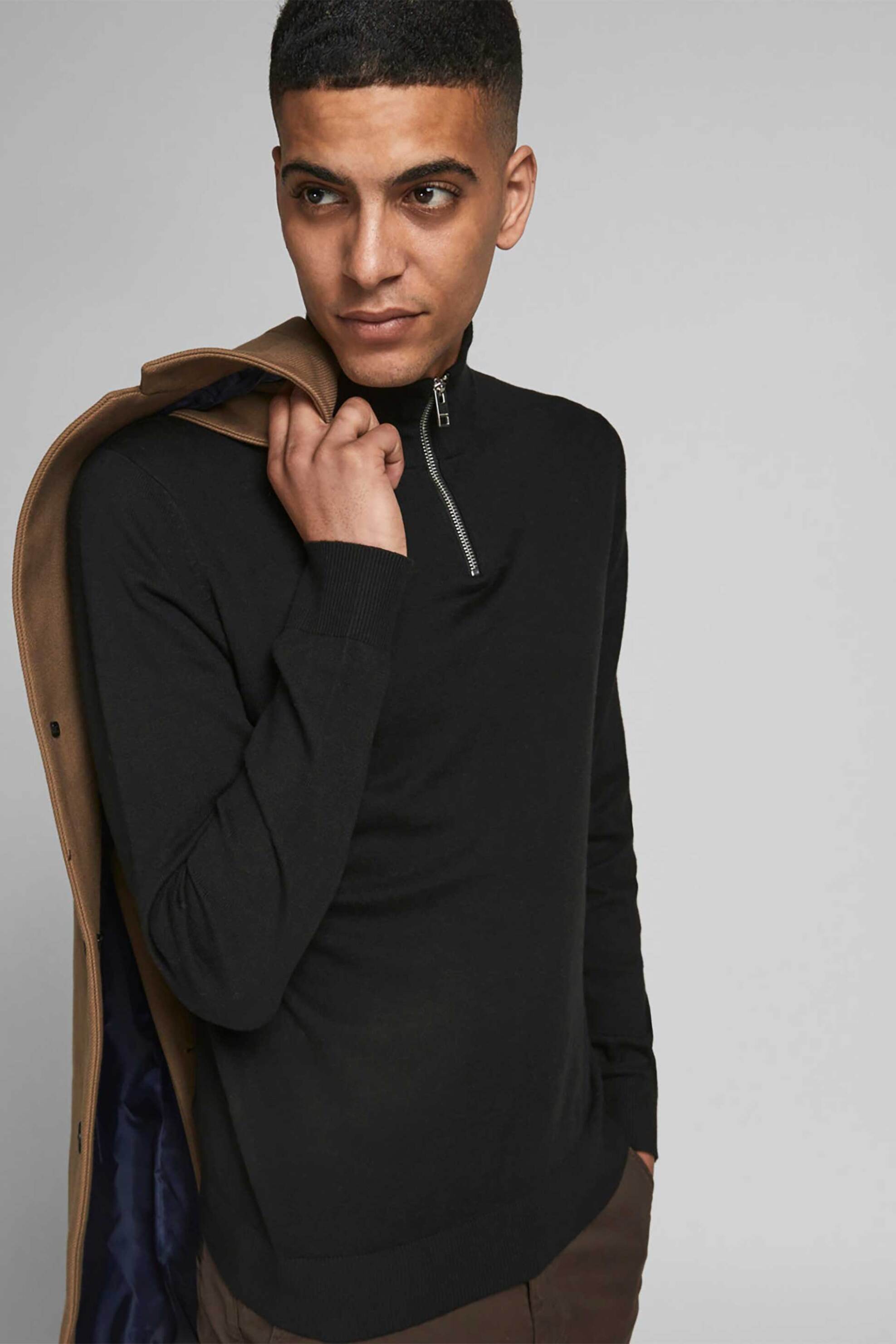 JACK & JONES ανδρικό πουλόβερ μονόχρωμο με ψηλό λαιμό και φερμουάρ 3/4 - 12189339 Μαύρο φωτογραφία