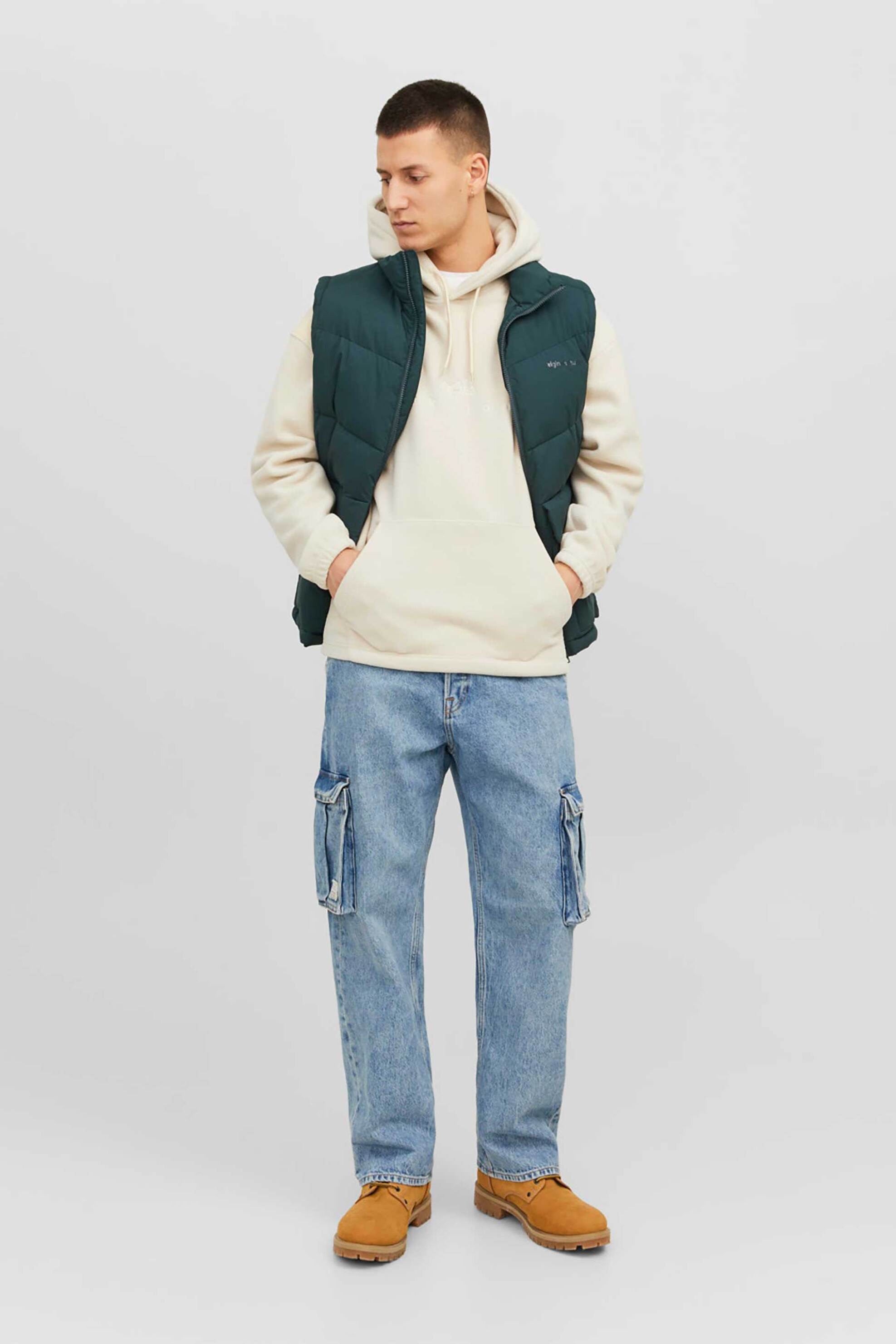 JACK & JONES JACK & JONES ανδρική μονόχρωμη μπλούζα φούτερ fleece με κουκούλα Relaxed Fit - 12242470 Μπεζ