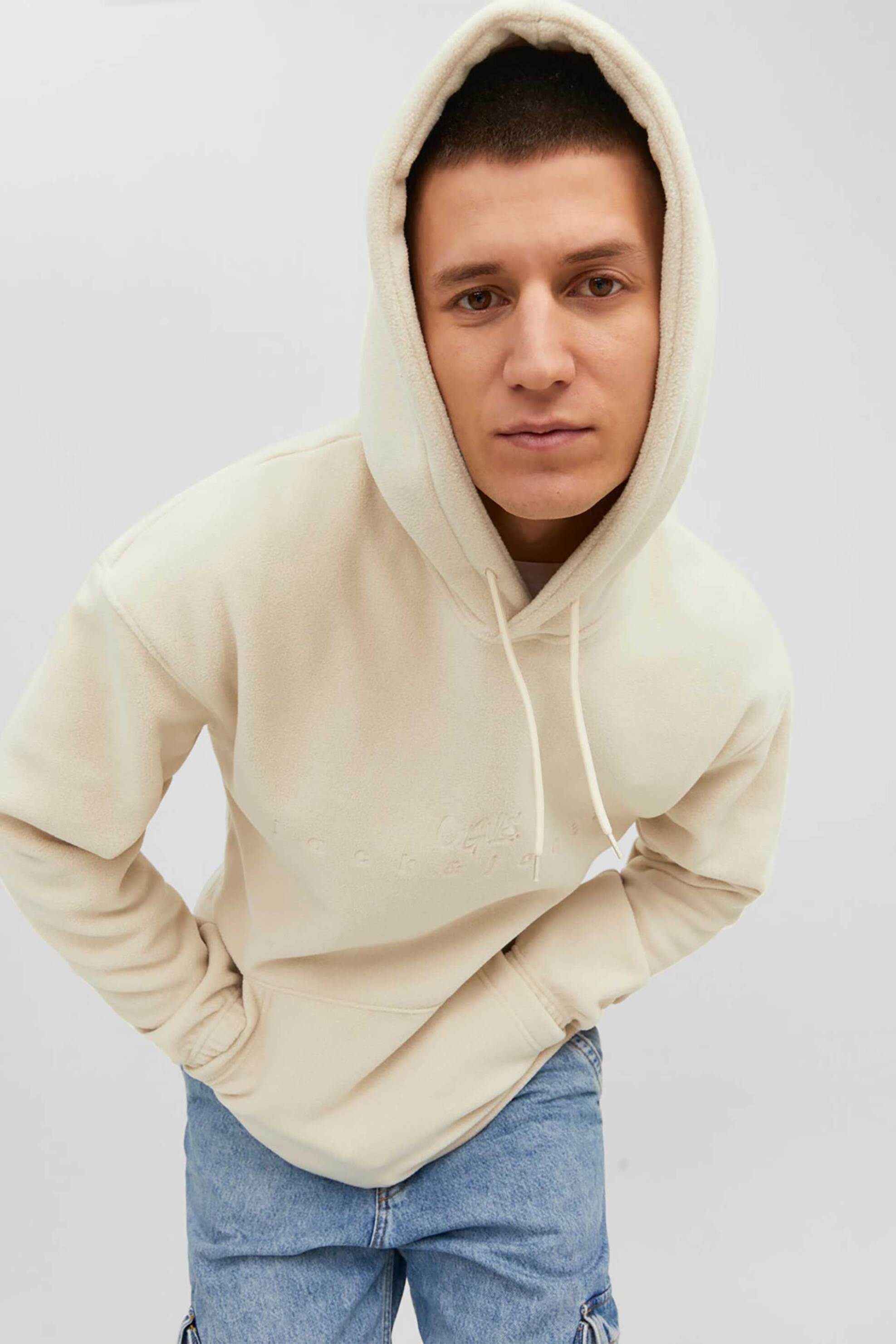 JACK & JONES ανδρική μονόχρωμη μπλούζα φούτερ fleece με κουκούλα Relaxed Fit - 12242470 Μπεζ φωτογραφία