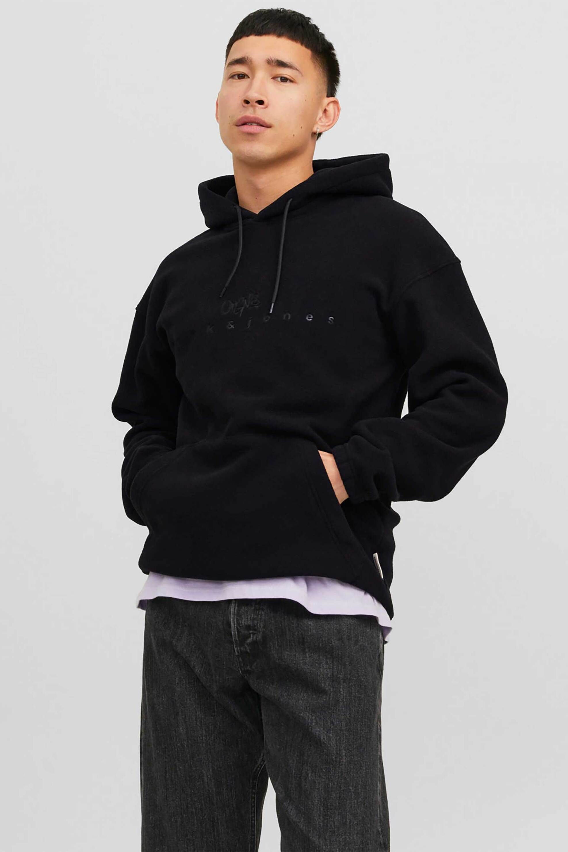 JACK & JONES JACK & JONES ανδρική μονόχρωμη μπλούζα φούτερ fleece με κουκούλα Relaxed Fit - 12242470 Μαύρο