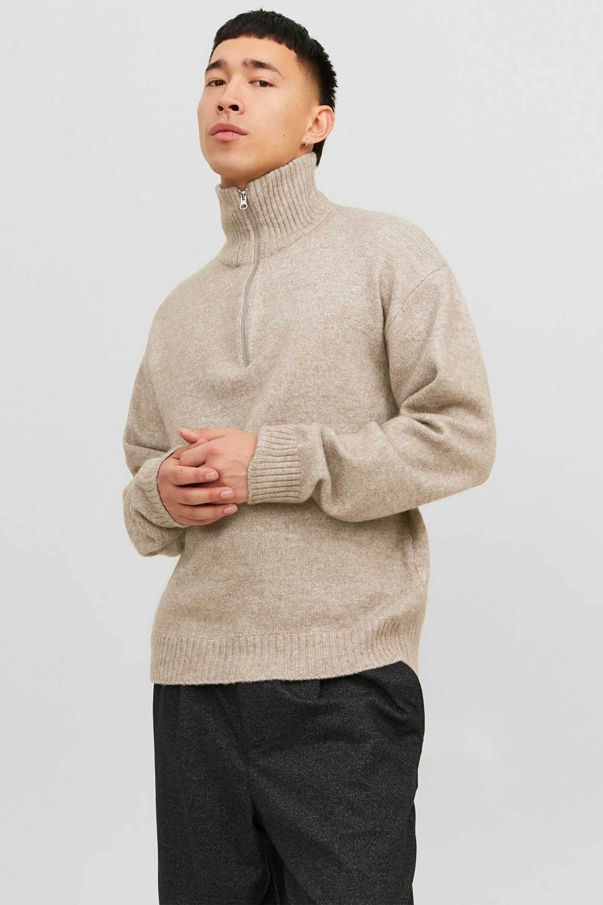 JACK & JONES ανδρικό μονόχρωμο πουλόβερ με 1/2 φερμουάρ Relaxed Fit - 12241817 Μπεζ