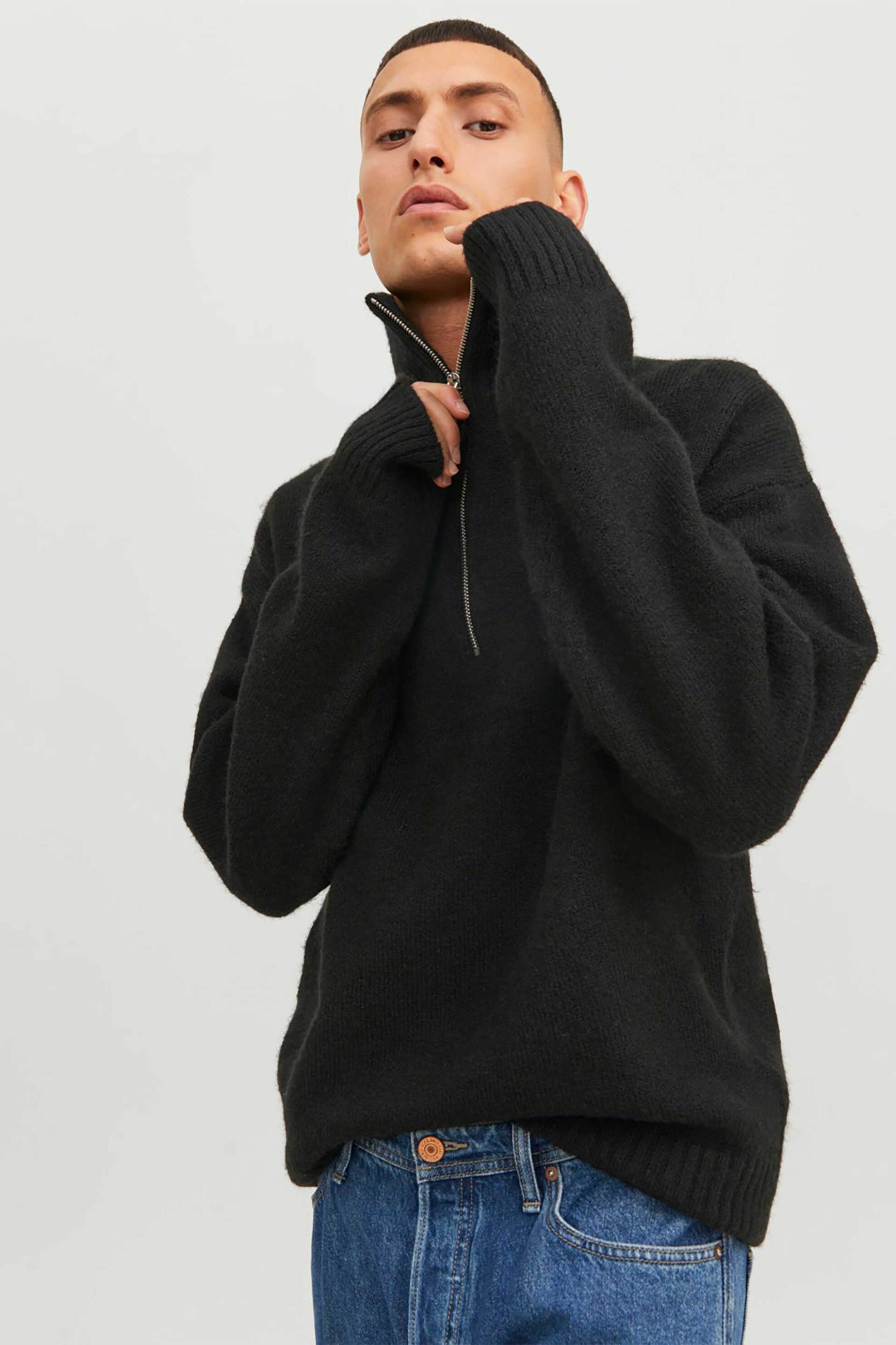 JACK & JONES ανδρικό μονόχρωμο πουλόβερ με 1/2 φερμουάρ Relaxed Fit - 12241817 Μαύρο φωτογραφία