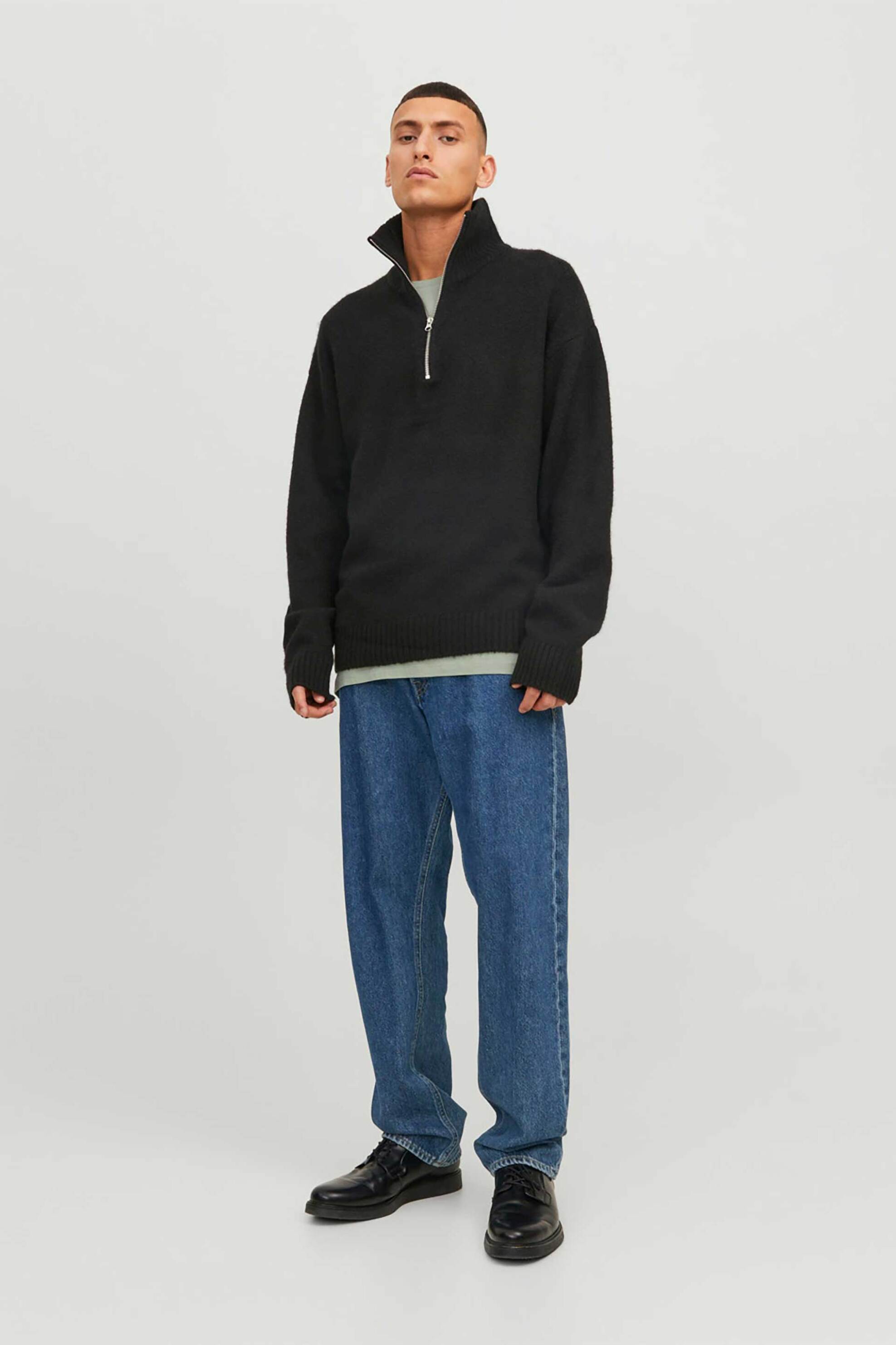 JACK & JONES ανδρικό μονόχρωμο πουλόβερ με 1/2 φερμουάρ Relaxed Fit - 12241817 Μαύρο φωτογραφία