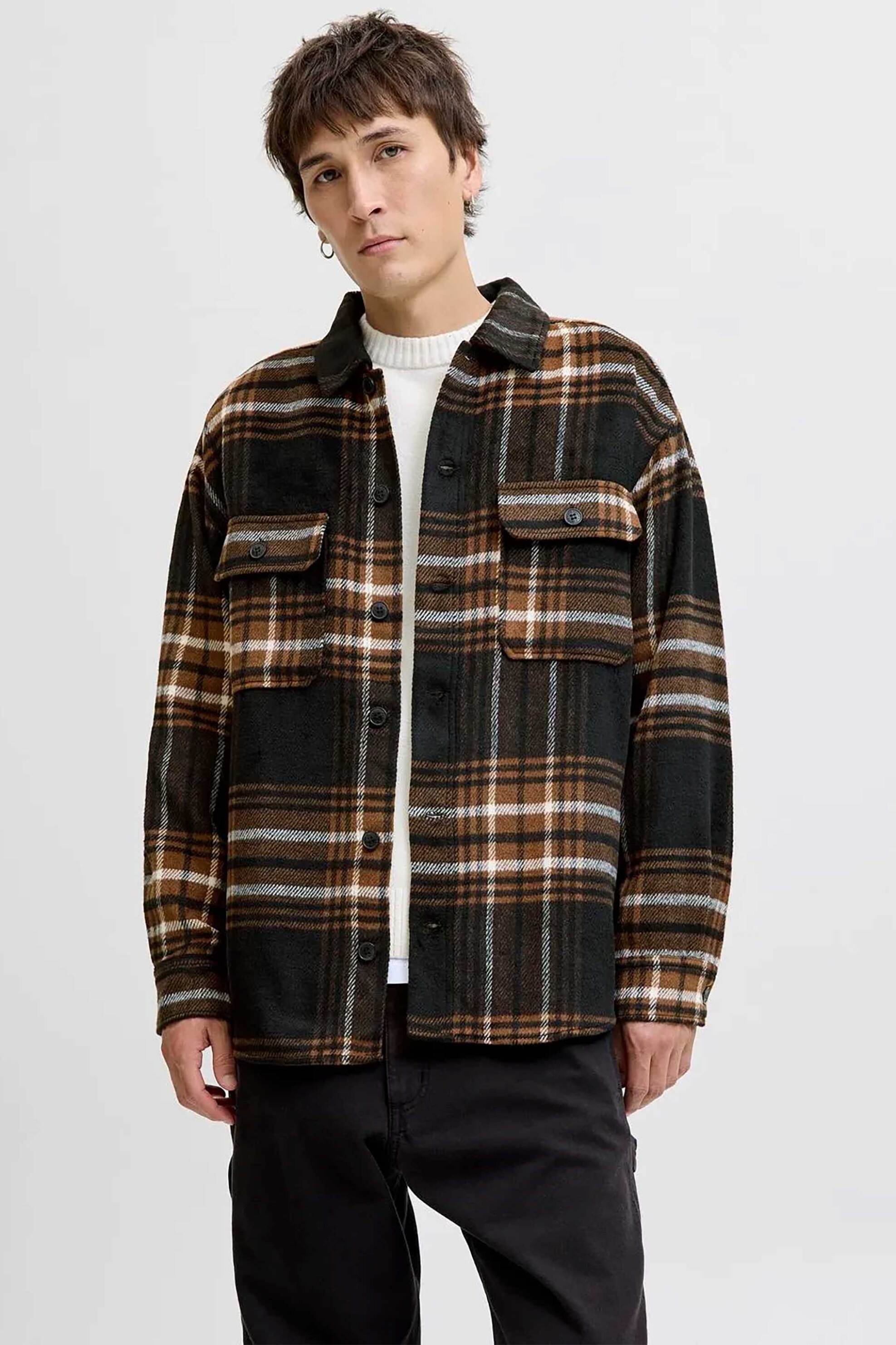 JACK & JONES JACK & JONES ανδρικό overshirt με καρό σχέδιο και τσέπες Relaxed Fit - 12257199 Καφέ