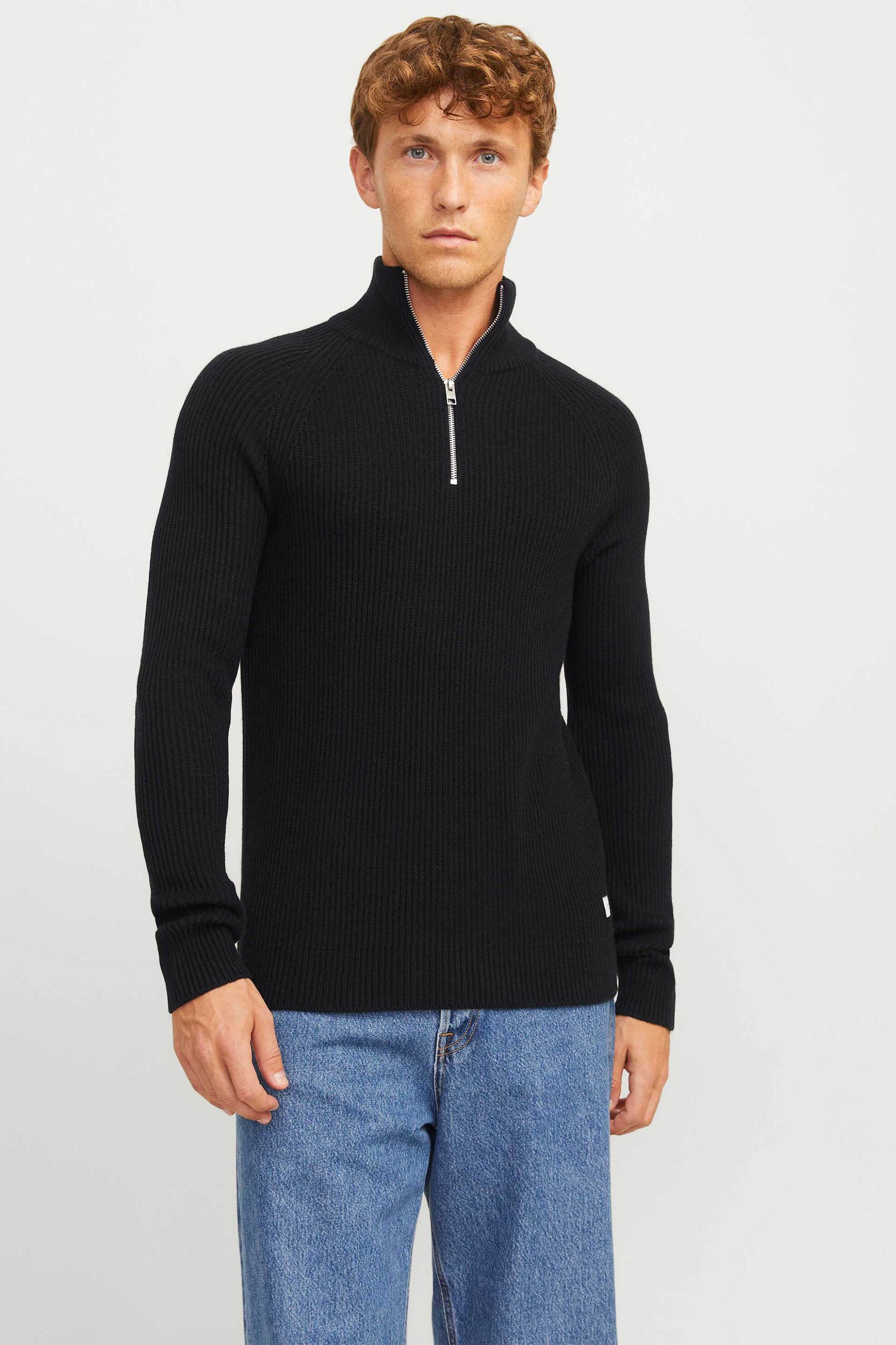 JACK & JONES JACK & JONES ανδρικό πλεκτό πουλόβερ μονόχρωμο με 1/2 φερμουάρ στην λαιμόκοψη - 12258473 Μαύρο