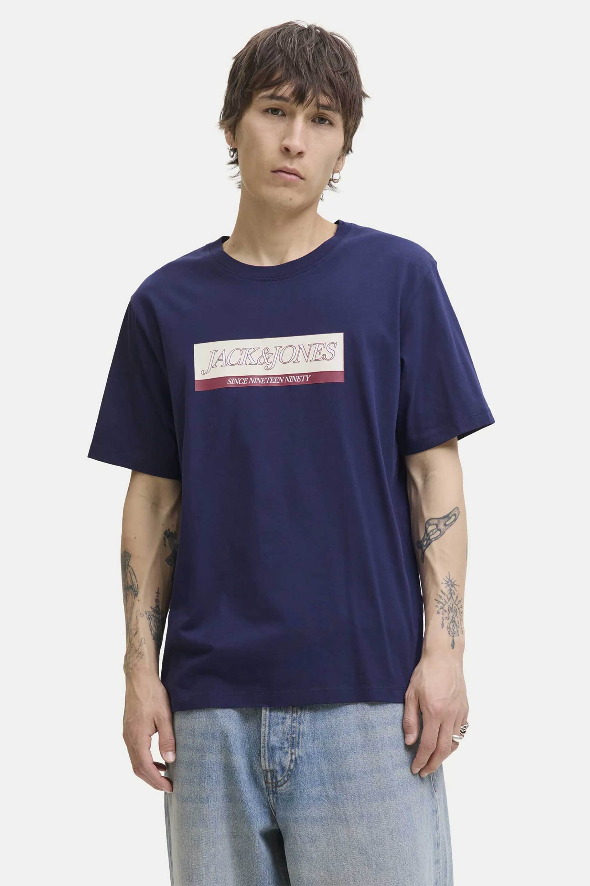 JACK & JONES ανδρικό T-shirt μονόχρωμο με logo print Regular Fit - 12283628 Μπλε
