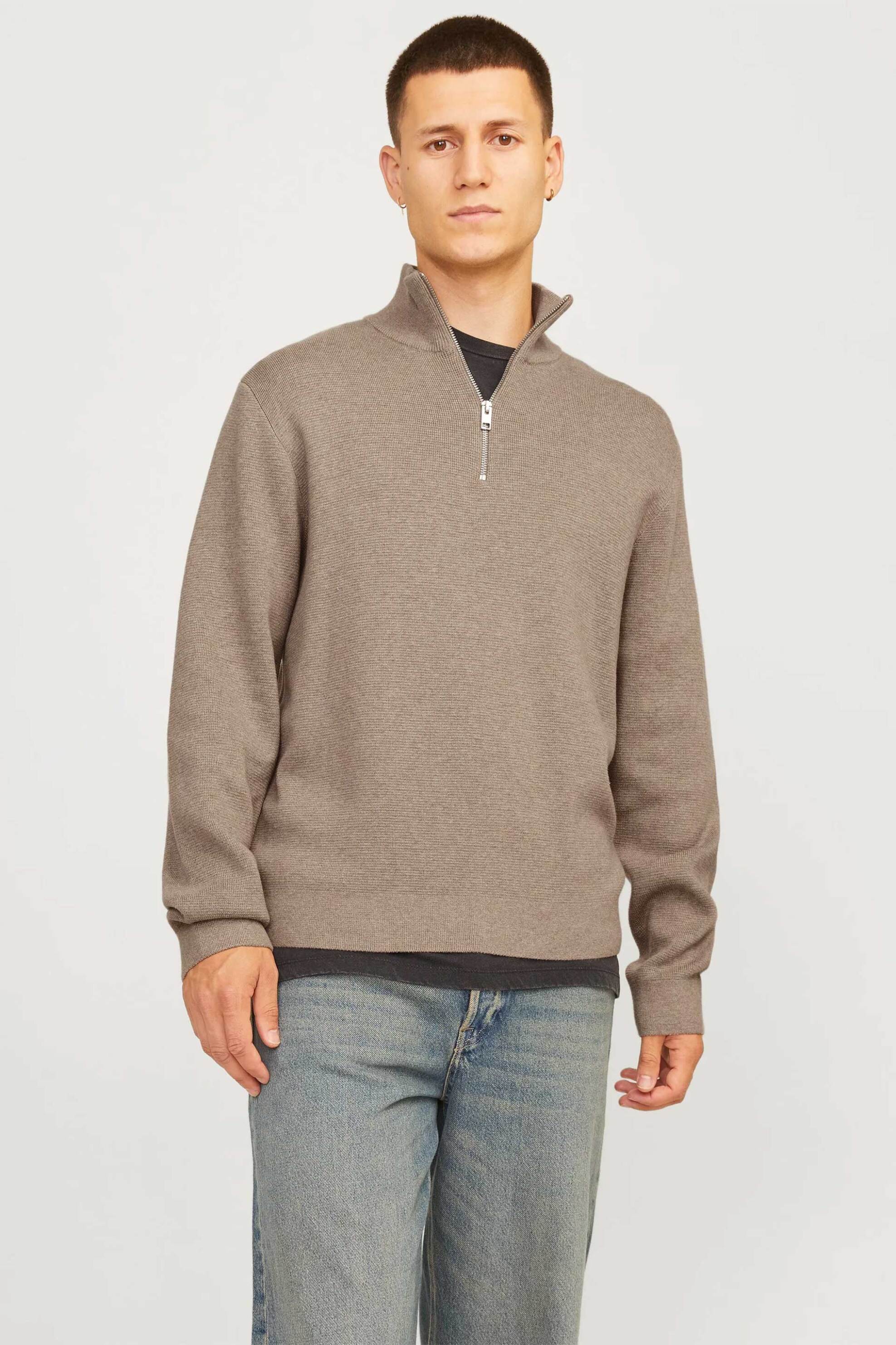 JACK & JONES ανδρική πλεκτή μπλούζα με φερμουάρ 1/2 - 12259664 Taupe