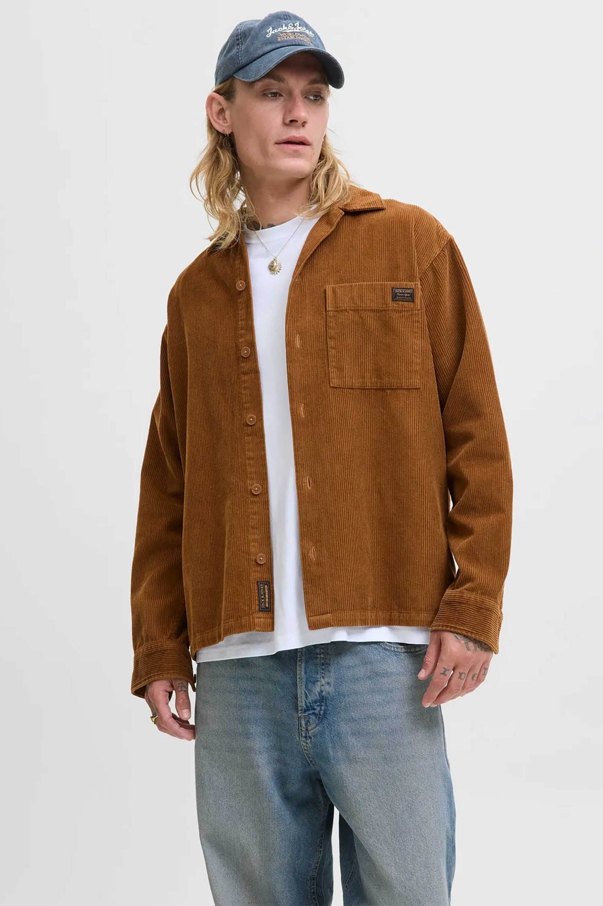 JACK & JONES ανδρικό overshirt κοτλέ μονόχρωμο Relaxed Fit - 12278992 Καφέ