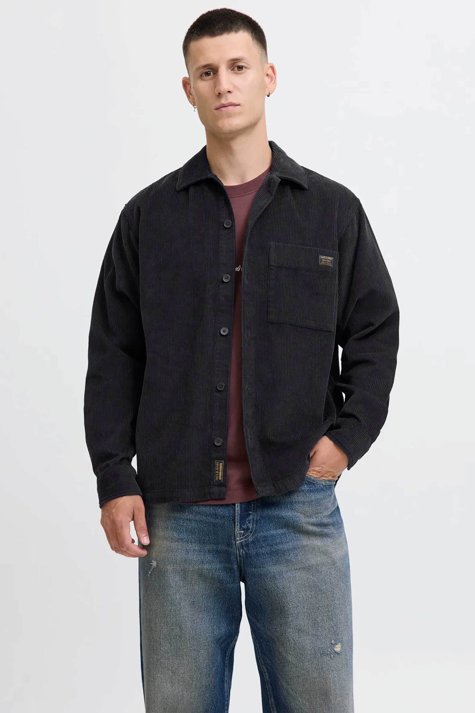 JACK & JONES ανδρικό overshirt κοτλέ μονόχρωμο Relaxed Fit - 12278992 Μαύρο