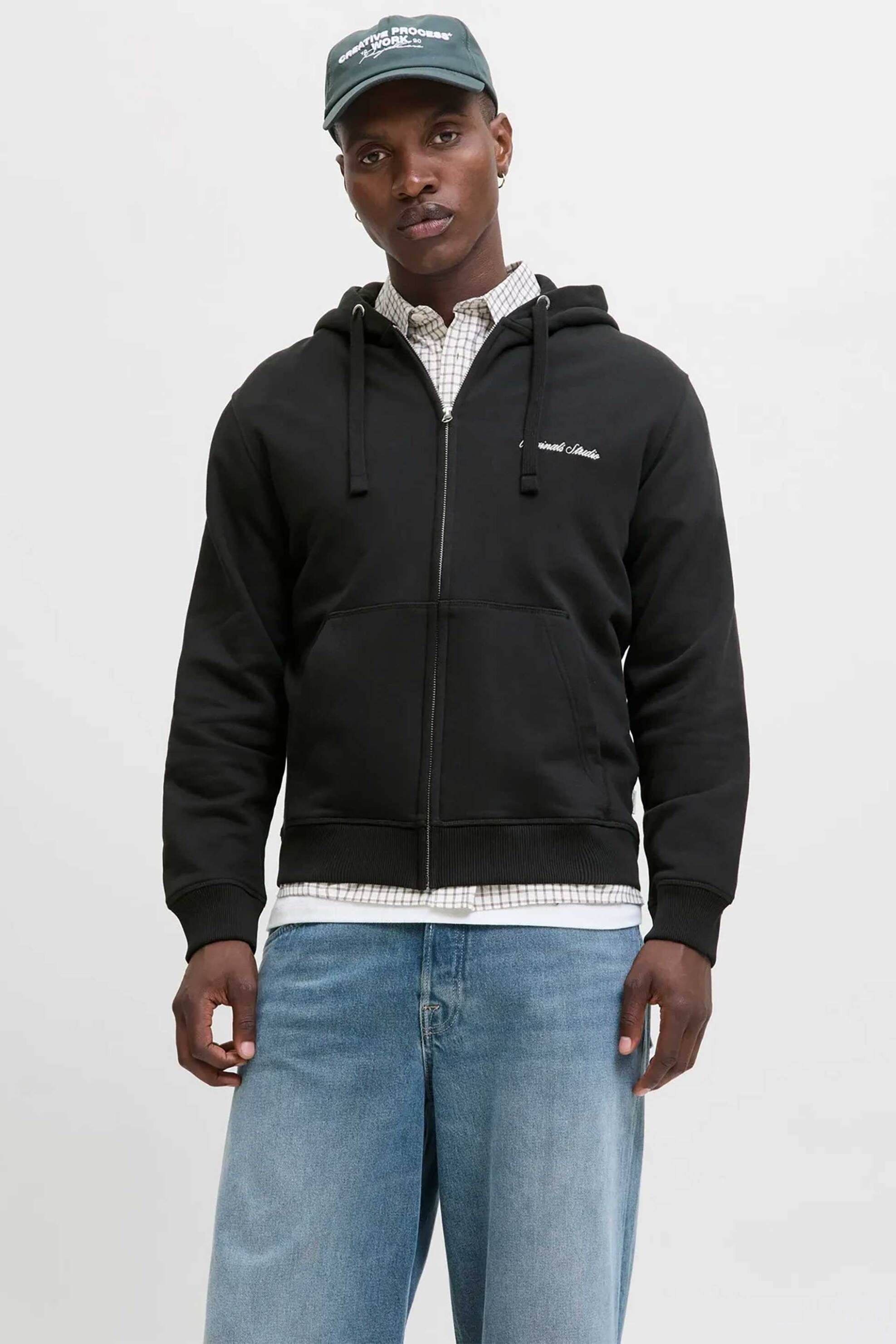 JACK & JONES ανδρική ζακέτα φούτερ με κουκούλα και λογότυπο Regular Fit - 12282901 Μαύρο