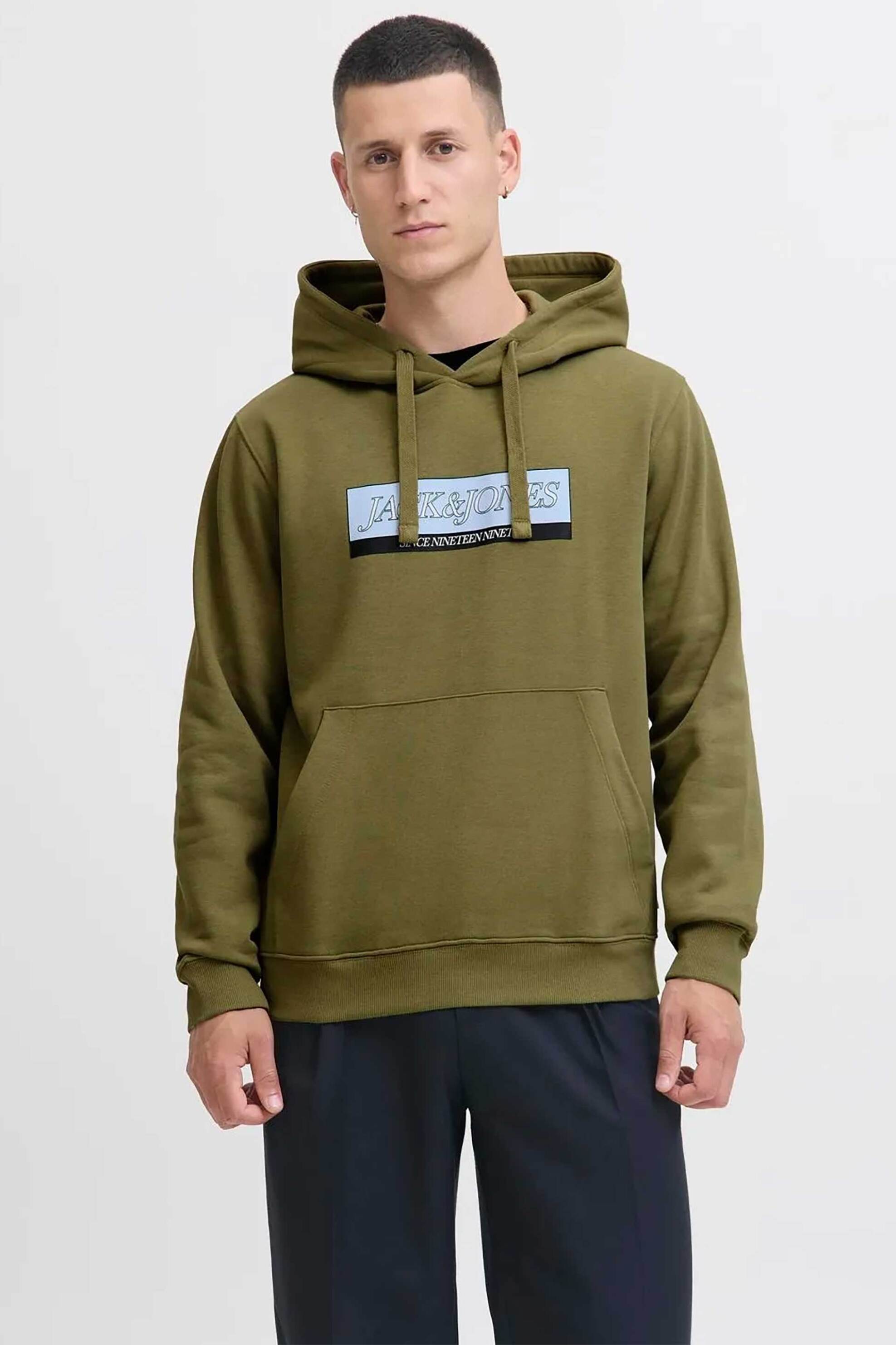 JACK & JONES ανδρική μπλούζα φούτερ με κουκούλα και λογότυπο στο στήθος - 12283934 Λαδί