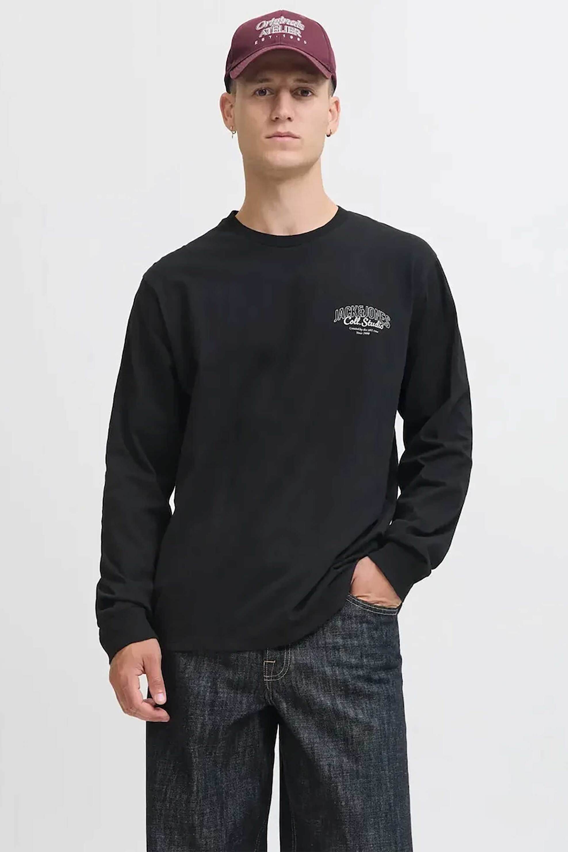 JACK & JONES ανδρική μακρυμάνικη μπλούζα με logo print Regular Fit - 12278510 Μαύρο