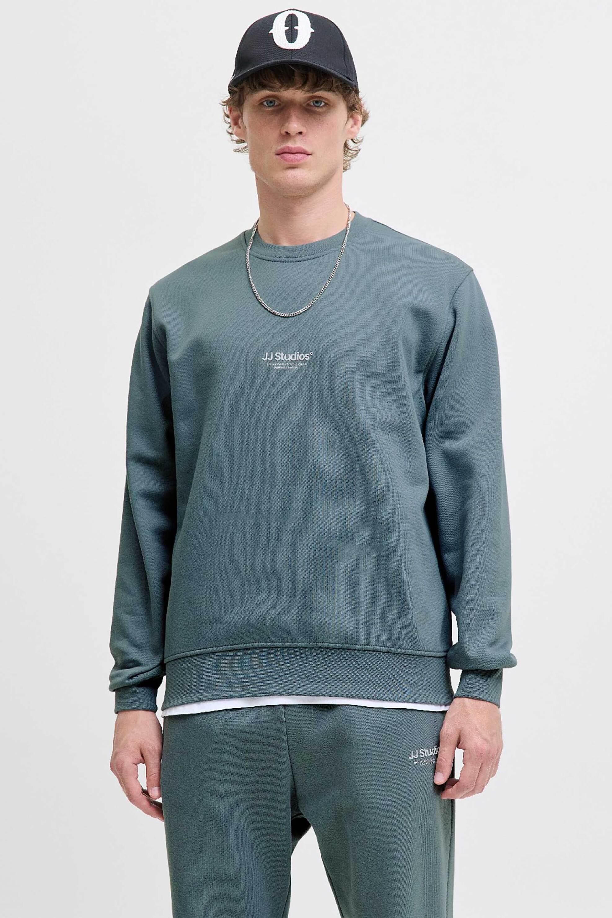 JACK & JONES ανδρική μπλούζα φούτερ με logo print και κουκούλα - 12278791 Γκρι Γαλάζιο